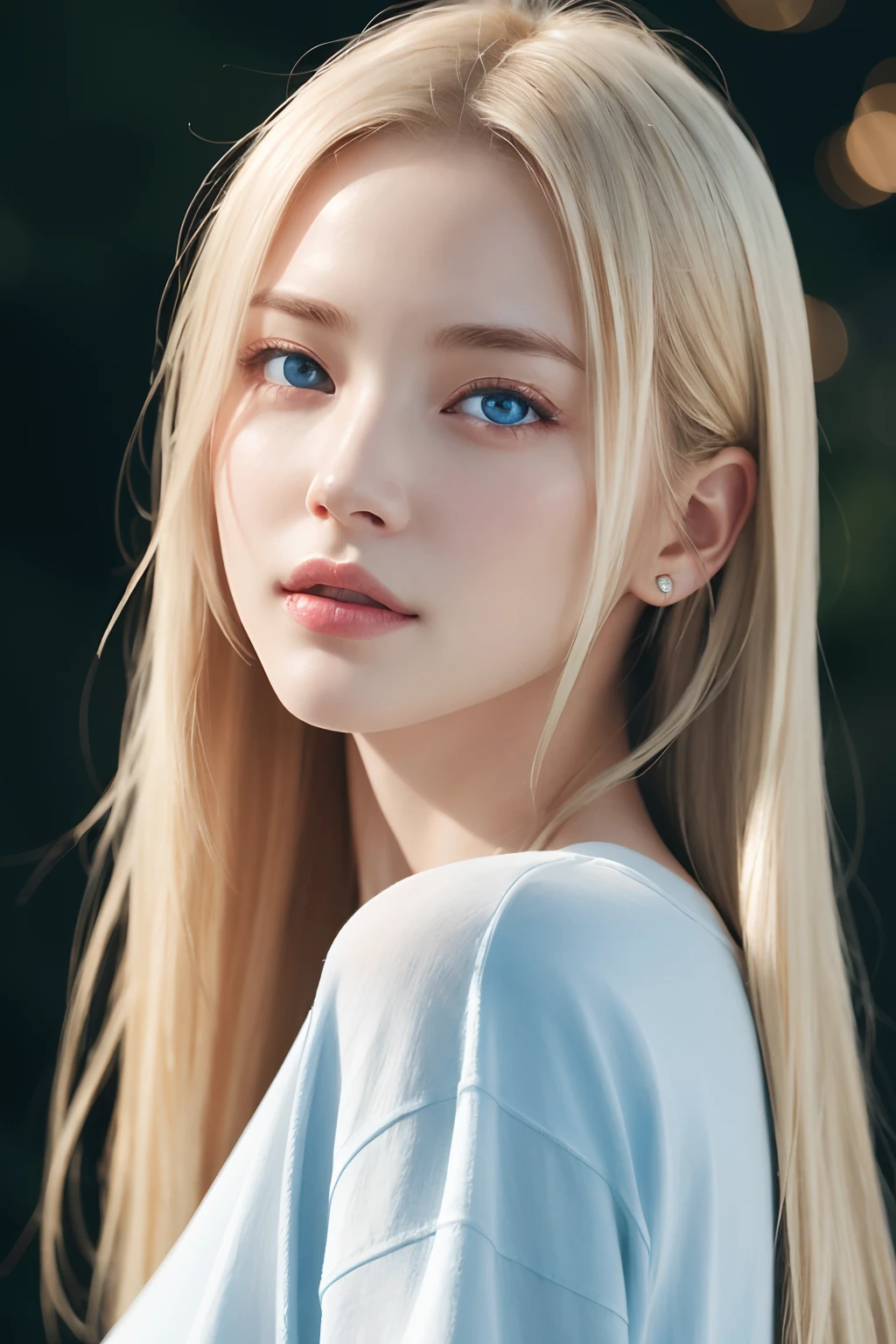 Clothed、(Photo Real:1.4)、(hyper realisitic:1.4)、(realisitic:1.3)、
(Smoother lighting:1.05)、(Improved lighting quality in movies:0.9)、32K、shinny skin、Shiny super long straight blonde hair、Small face beauty、
1girl in、a 18 year old girl、Realistic lighting、Back lighting、Facial light、raytrace、(Brightening light:1.2)、(Increase quality:1.4)、
(Top quality real texture skins:0.3)、finely eye、finerly detailed face、Fine pale light blue eyes、
tshirts、