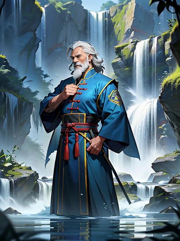 A Taoist priest, wearing a costume, 65 yeas old, gray hair and beard, standing in water, had his hands folded, Next to it is a barrier formed by water, The background is a waterfall, Ultra-wide angle, Masterpiece, Anatomically correct, Super detail