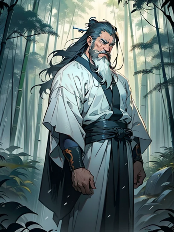 Deep in the bamboo forest, Chinese Ancient Times，raining day, A middle-aged male, 50yearsold, With a beard，long whitr hair，emaciated，dressed white hanfu, Standing in a bamboo forest, A hand touched his beard，Place one hand behind your back，look up to，Quiet, Cinematic lighting, in a panoramic view, Masterpiece, ccurate, Super detail, Award-Awarded, Best quality