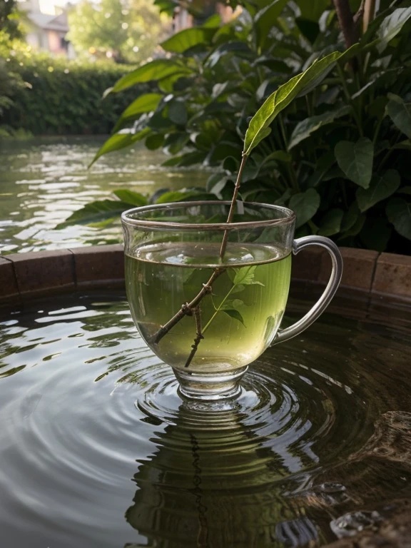 close-up, masterpiece, top-quality, Photorealsitic, A hyper-realistic, (Green tea to steam a teacup), ((Just below the surface of the water, you can see small, thin twigs floating vertically)), on an iron table in a beautiful backyard garden
