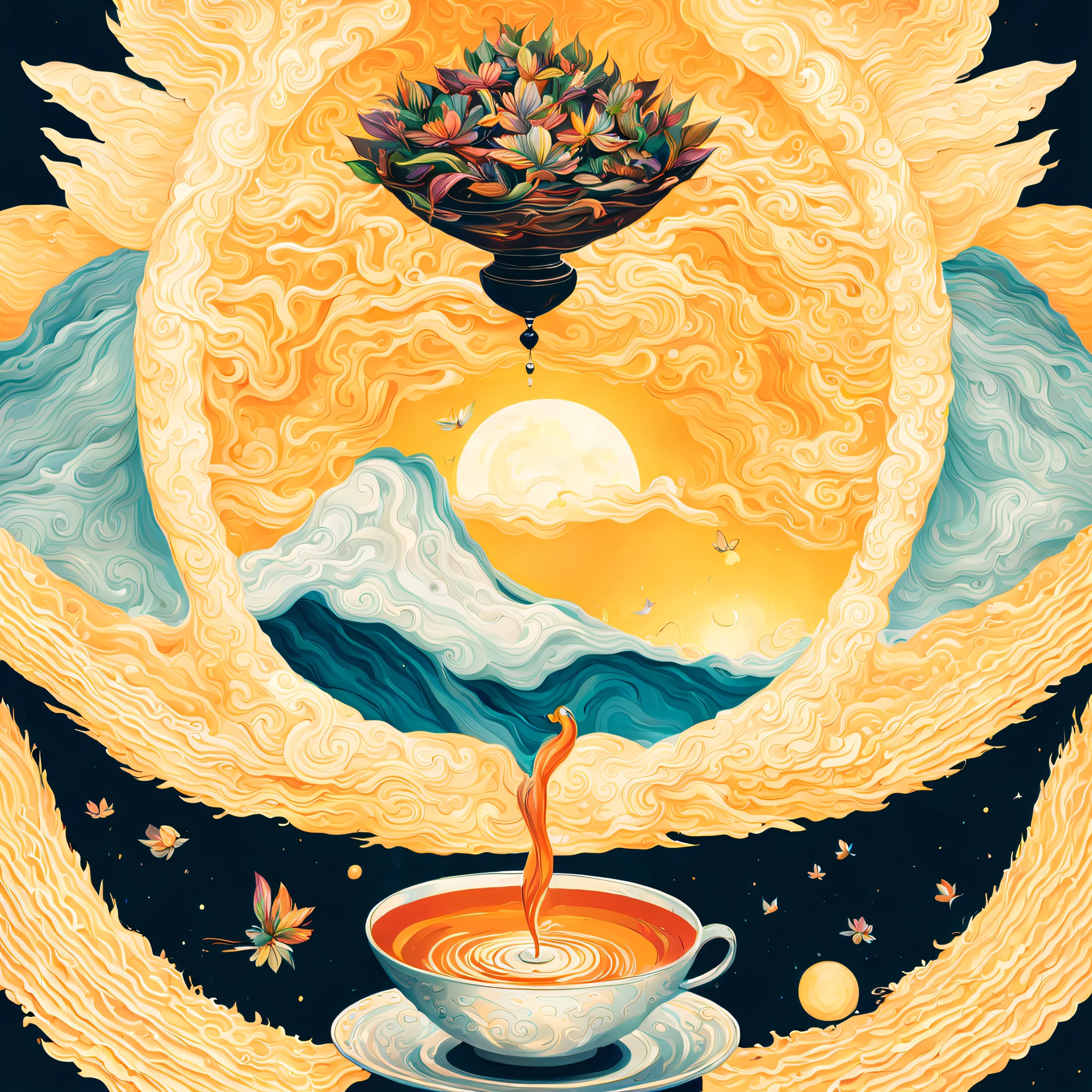 A being, radiating warmth and wisdom, gently sips hot tea from a delicate cup, sitting atop a flying lotus. As the lotus floats gracefully in the ethereal sky, the golden hues of the setting sun create a mesmerizing, psychedelic atmosphere. Dressed in flowing, opulent robes, and adorned with intricate jewelry, the enlightened being invokes a sense of calm and mindfulness, reflecting the Niji styles' harmony and beauty.