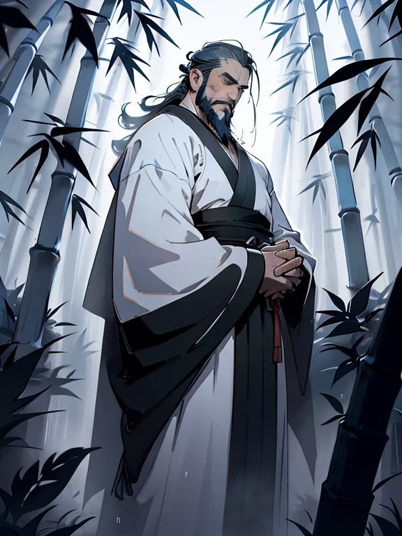 Deep in the bamboo forest, Chinese Ancient Times，raining day, A middle-aged male, 50yearsold, With a beard，long whitr hair，emaciated，dressed white hanfu, Standing in a bamboo forest, A hand touched his beard，Place one hand behind your back，look up to，Quiet, Cinematic lighting, in a panoramic view, Masterpiece, ccurate, Super detail, Award-Awarded, Best quality