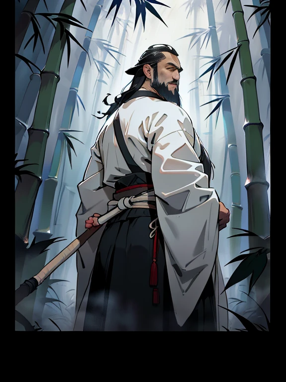 Deep in the bamboo forest, Chinese Ancient Times,raining day, A middle-aged male, 50yearsold, With a beard,dressed white hanfu, Standing in a bamboo forest, A hand touched his beard,Place one hand behind your back,look up to,Quiet, Cinematic lighting, in a panoramic view, Masterpiece, ccurate, Super detail, Award-Awarded, Best quality
