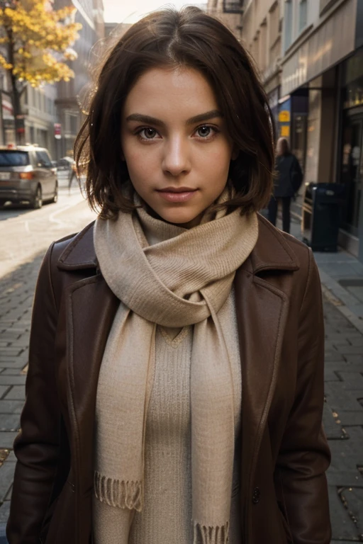 1girl, (brown long coat, turtleneck sweater, scarf), short hair, (dynamic pose:1.1), perfect anatomy, flawless face, perfect eyes, expresive eyes, look at viewer, 8K, photography, masterpiece, best quality, detailed, highly detailed, sharp focus, detailed face, (medium shot:1.3, circular), (sunlight, natural lighting:1.1, feel light, accent lighting, professional lighting, best shadow), (warm color:1.2), (city, street, detailed background:1.2, SFW),
