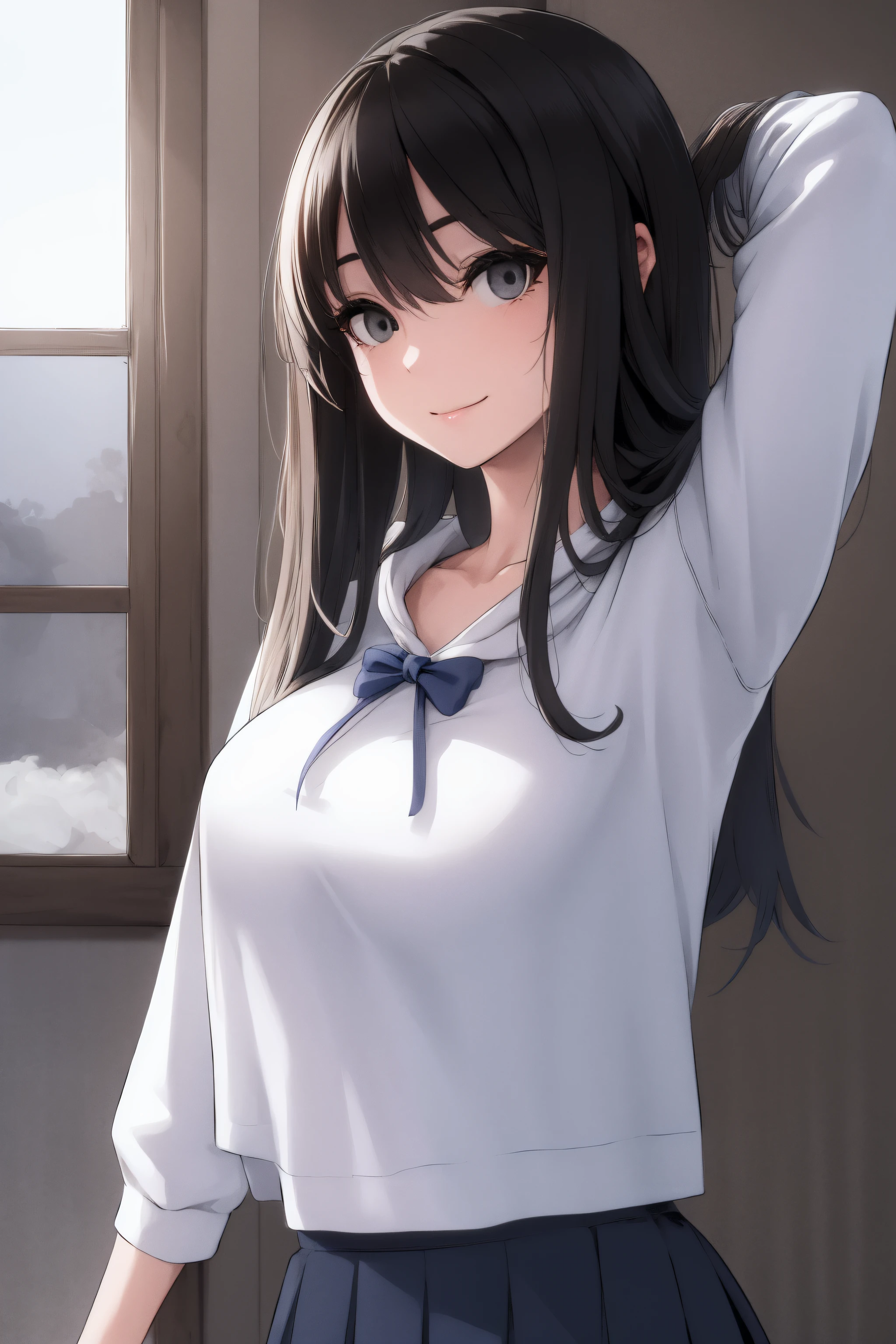 sakiyoshida, saki yoshida, long hair, hair between eyes, (black eyes:1.5), black hair,
BREAK school uniform, hoodie, bow, skirt,
BREAK indoors, classroom,
BREAK looking at viewer, (cowboy shot:1.5),armpits,arm up,seductive smile, 
BREAK (masterpiece:1.2), best quality, high resolution, unity 8k wallpaper, (illustration:0.8), (beautiful detailed eyes:1.6), extremely detailed face, perfect lighting, extremely detailed CG, (perfect hands, perfect anatomy),