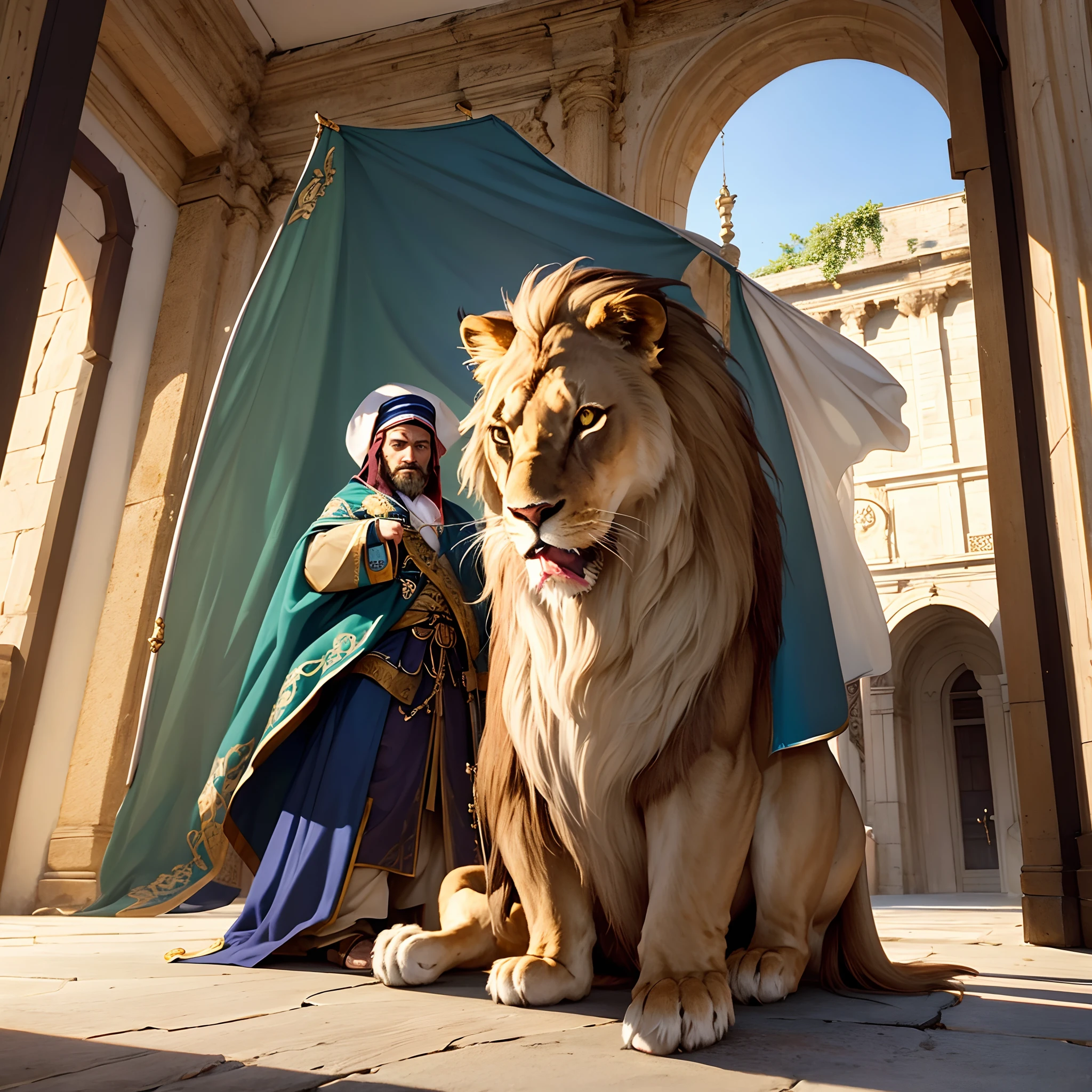 Peuple arabe du 9ème siècle dînant et levant les yeux étonnamment surpris, à l’intérieur d’une salle à manger géante de château arabe du 9ème siècle avec des rideaux de drapeaux sur tous les côtés qui ont un lion imprimé sur chacun d’eux. un grand beau lion sautant d’un rideau de drapeau sur lequel est imprimé un lion