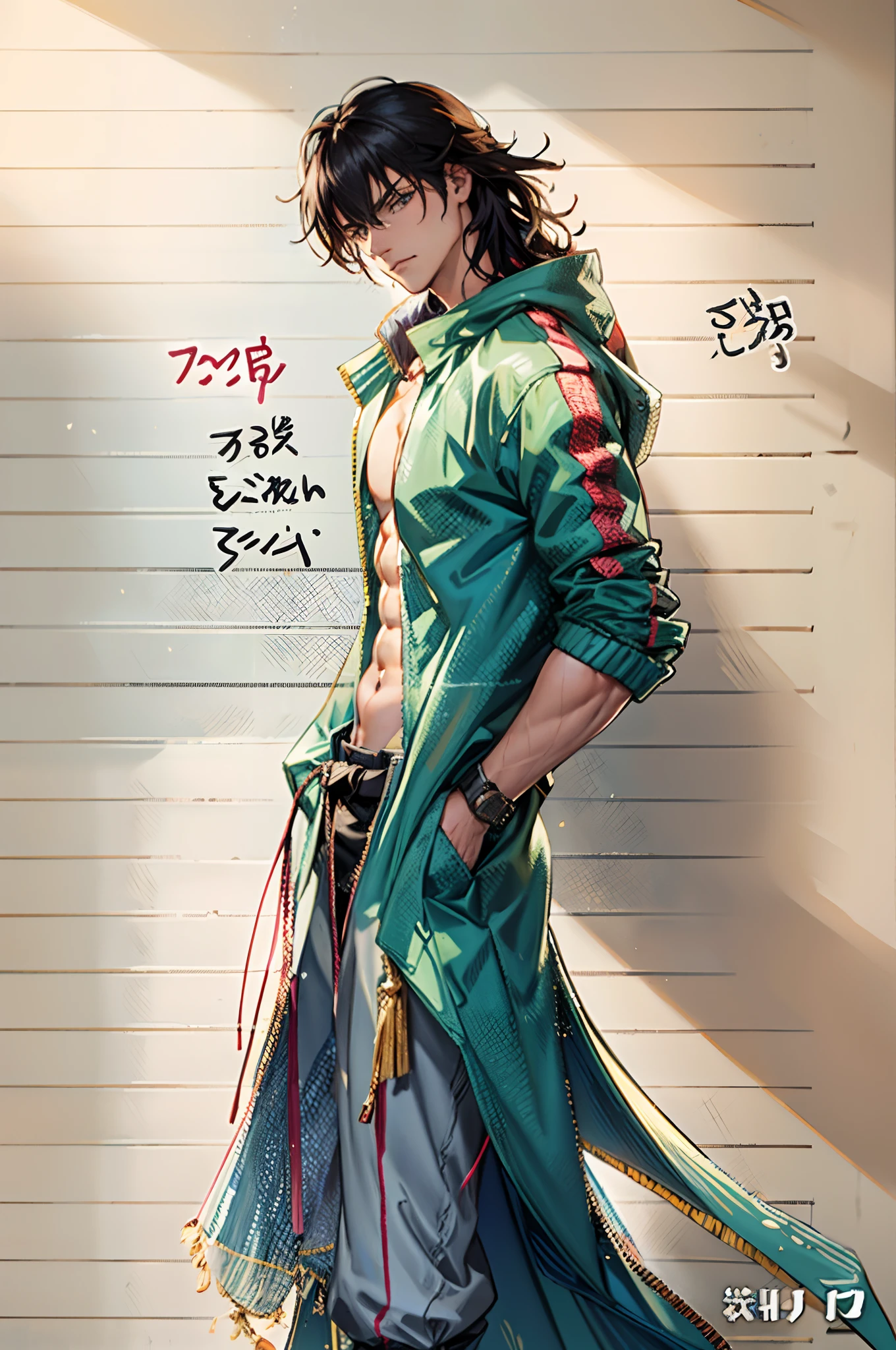 tall man with gray eyes and wavy brown hair, which he puts into a long ponytail, leaving one strand hanging down the left side of the face. He has a hairy chest, arms and legs. He wears a straw hat and pink, ladies' flower embellished kimono, draped over the shoulders directly over the captain's haori. Although his kimono and embellished belt are cheap, his hairpins with red flowers are very expensive. He doesn't wear a tabi (socks) under sandals. He has short stubble around his mouth and cheeks. A hundred years before Aizen's betrayal, Shunsui had a short mustache above his upper lip.. Then he wore another lady's kimono, although very similar. After the battle with Wandenreich, Shunsui began wearing an eyepatch over his right eye., which was damaged during the battle. The top of his right ear was also cut off, and a scar appeared on his temple. Shunsui had shorter, unkempt hair as a .. He wore a patterned kimono