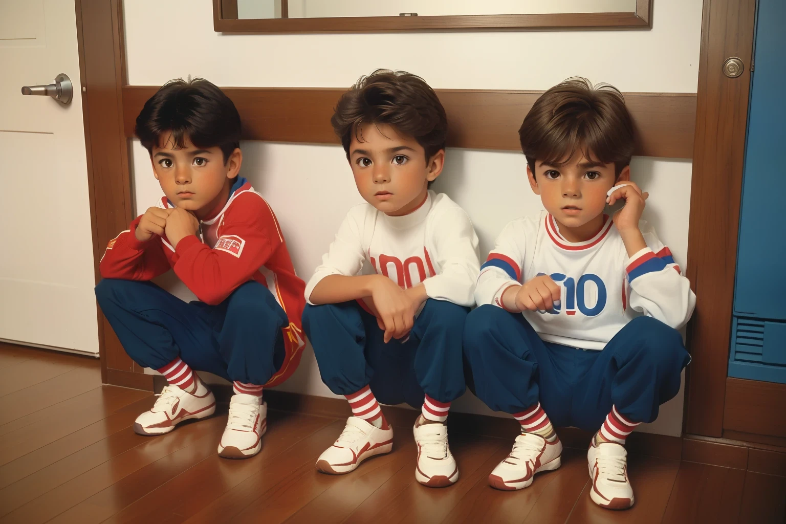 year: 1988. Location: Northern Spain. Three Pre-raphelite (((-yeld tw)), (((playing hide and seek))), at home, ((((Clothing from the 1980s)))) ((1980s hairstyle)), ((("OMITB" cinematography)))