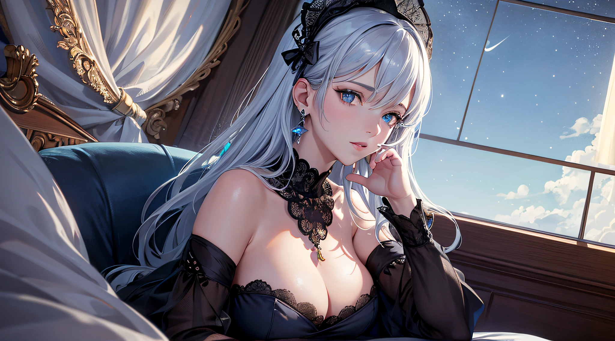 ((Masterpiece, Best Quality)), St. Louis \(Luxury Wheels) \(Azure Lane), High resolution, highest quality, illustration, cinematic light, super detailed, detailed face, (detailed eyes), best quality, ultra detailed, masterpiece, (detailed face), room, hair accessory, earrings, necklace, portrait, silver dress, revealing clothes, highest detail, glowing eyes, (hotel:1.2), sitting on bed, sitting, bed, window, night sky, backlight, light, (high contrast), (color), bare