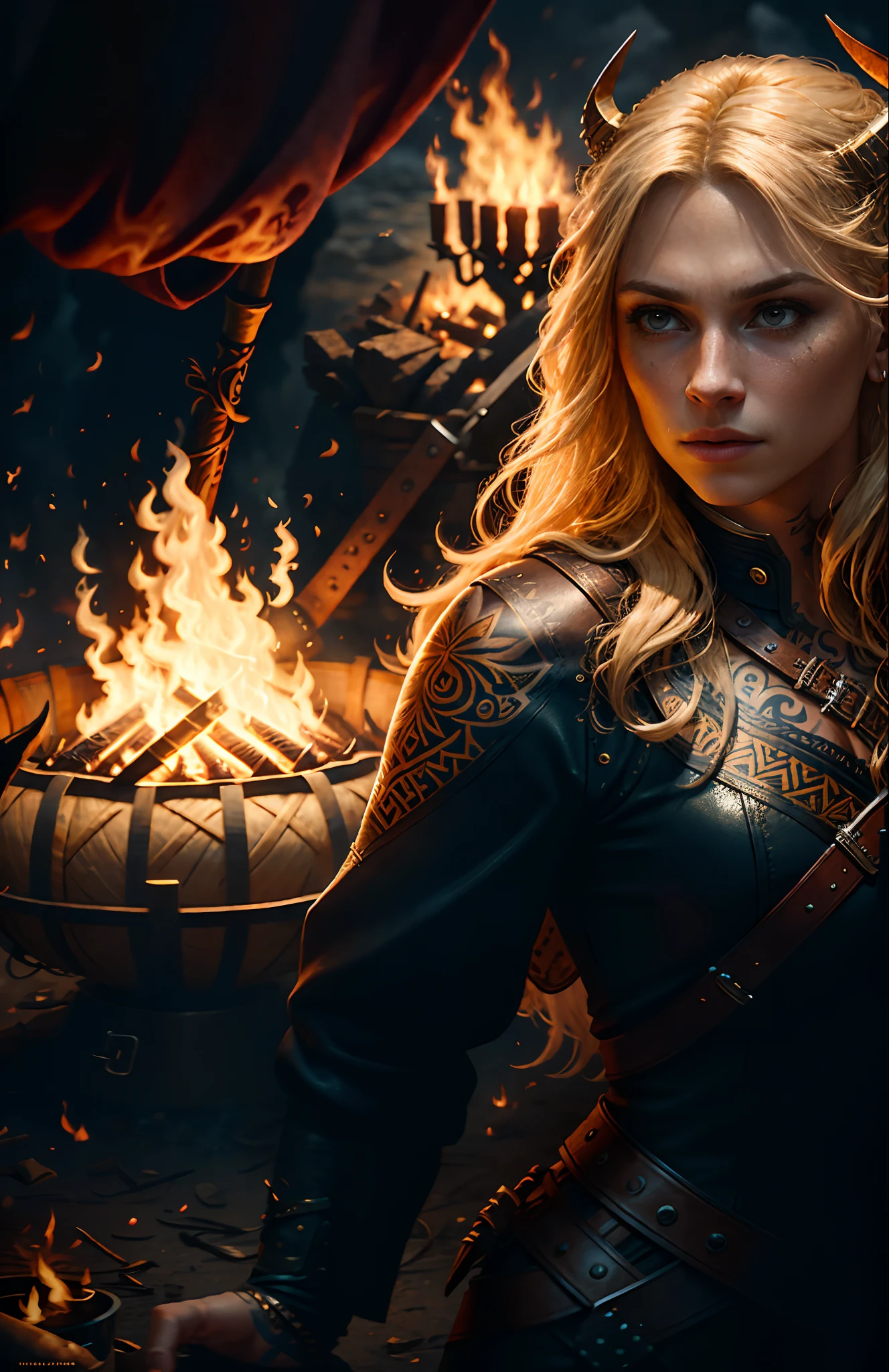 Movie poster, female viking warrior with viking style tattoo, long blonde hair, delicate face, night, great bonfire on background, leather outfit, rich details, intricate details, volumetric light, 16K, hyper realistic, realistic textures