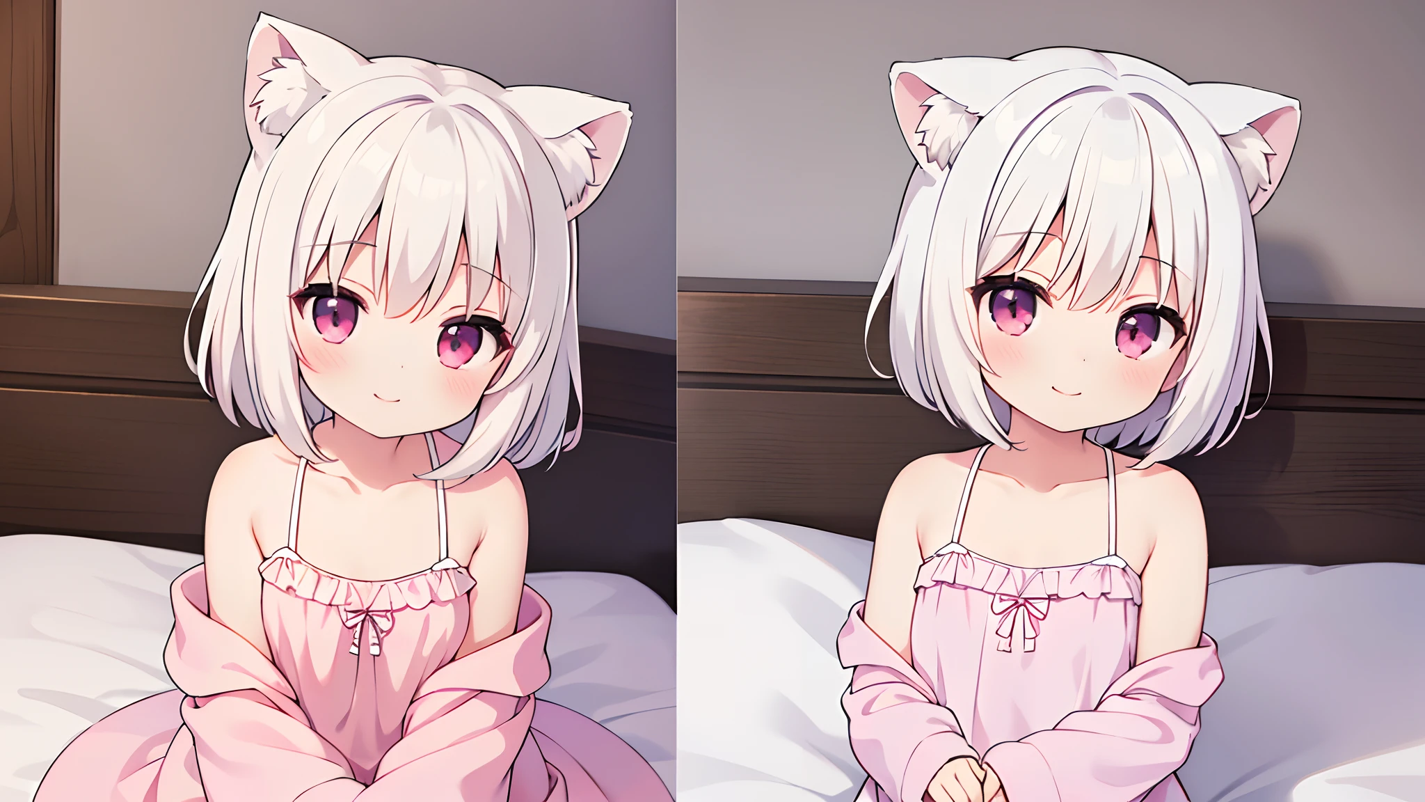 (​masterpiece),(Top image quality),hight resolution,(Dainty and cute),(ighly detailed), 1girl, 独奏,illustratio,Fantasia,short,white  hair,perm,s Pajamas,Pink eyes,Smaller chest,a smile,Background through,on the beds