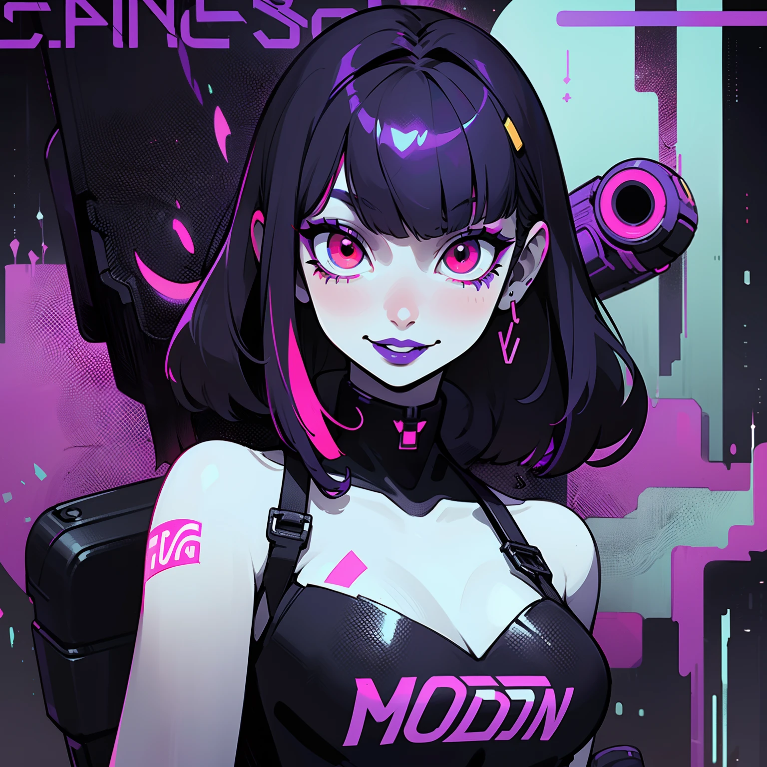 ((solo)). female character around 30 years old. mature body with large breasts and cleavage. wearing black clothing, a cyberpunk style outfit. she has a cheeky smile. red eyes. long purple hair with straight bangs. She wears eyeliner and black lipstick on her lips. she looks a model on a magazine cover. a combined neon and greyscale color style. the background has paint splotches and graffiti