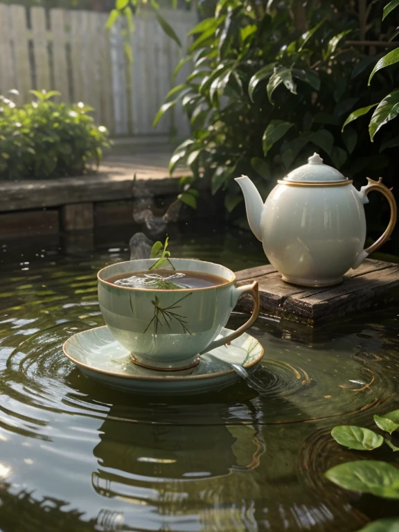 close-up, masterpiece, top-quality, Photorealsitic, A hyper-realistic, (Green tea to steam a teacup), ((Just below the surface of the water, you can see small, thin twigs floating vertically)), on an iron table in a beautiful backyard garden
