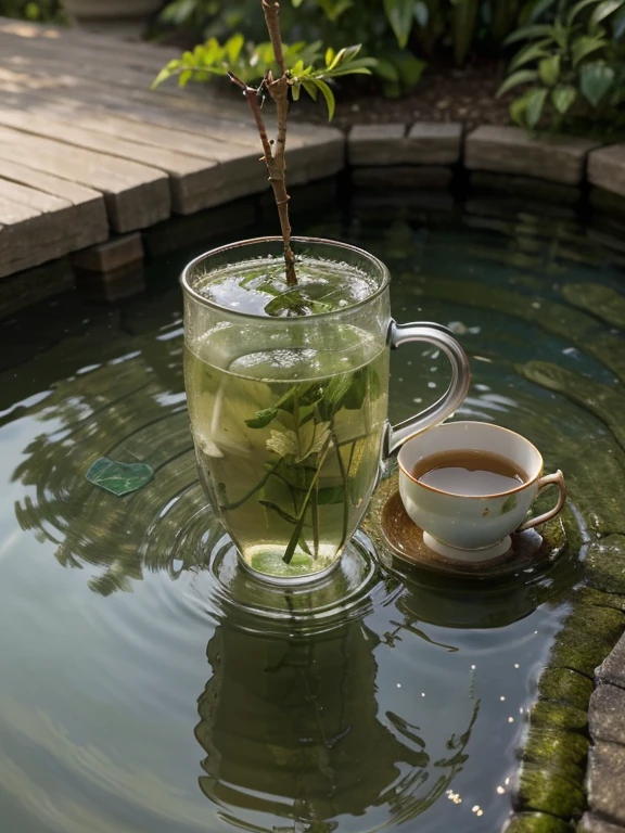 close-up, masterpiece, top-quality, Photorealsitic, A hyper-realistic, (Green tea to steam a teacup), ((Just below the surface of the water, you can see small, thin twigs floating vertically)), on an iron table in a beautiful backyard garden