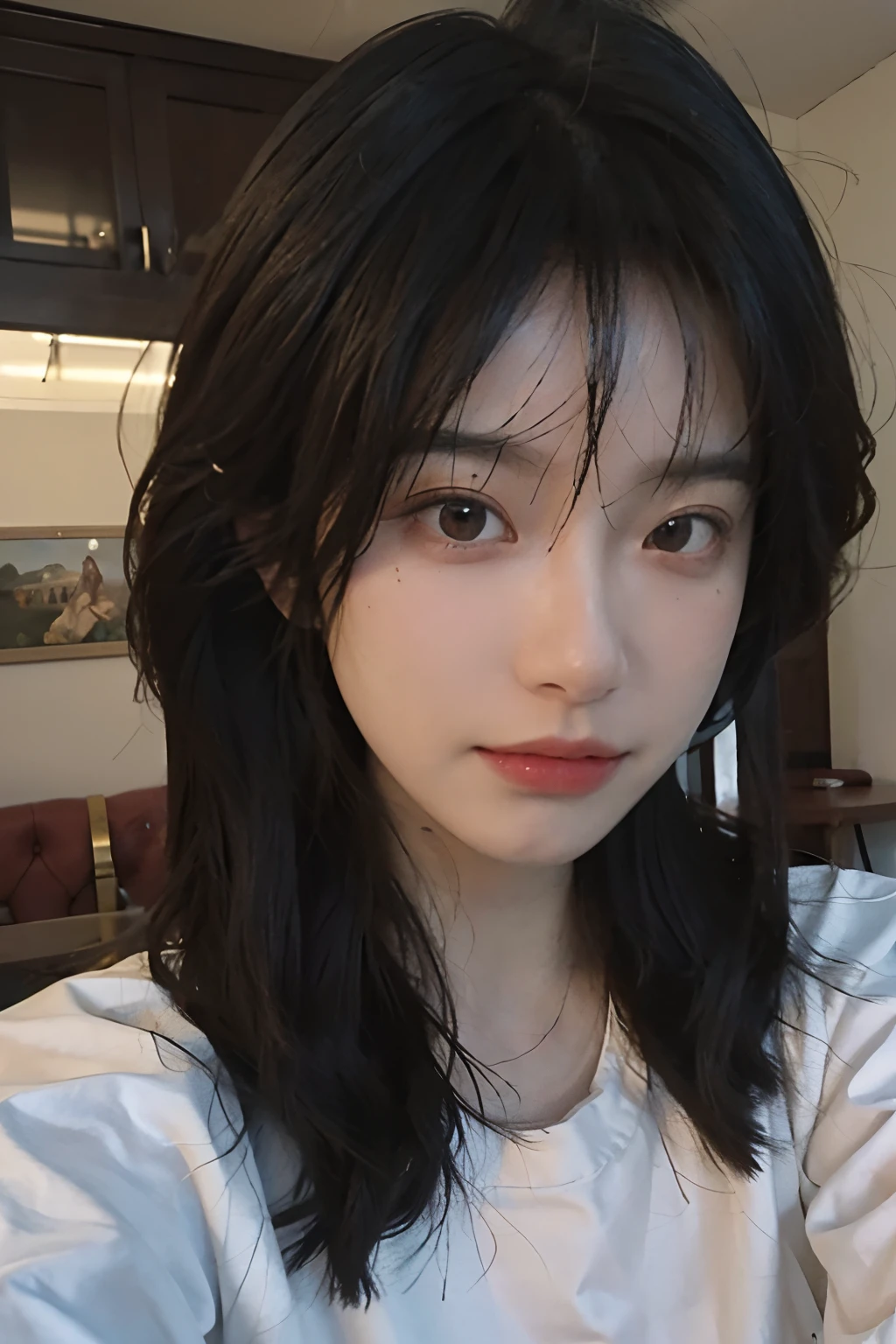 best qualtiy, 超高分辨率, (realisticlying:1.4), Baoyu Girl, Black long straight,A pair of clear and moving peach blossom eyes,Royal Sister,(nurses uniform:1.4),sunshine on face,with long coiled hair,((Cut hair in layers,Ordinary chest:1.1)),(choker necklace:1.2),(Fair skin:1.9),(full bodyesbian:1.2)a sense of atmosphere,a beauty girl, ssmile,head straight-looking at viewer, closeup cleavage ,(Photorealistic:1.4),Sexy,(The upper part of the body:1.4),(Wet body:1.3)