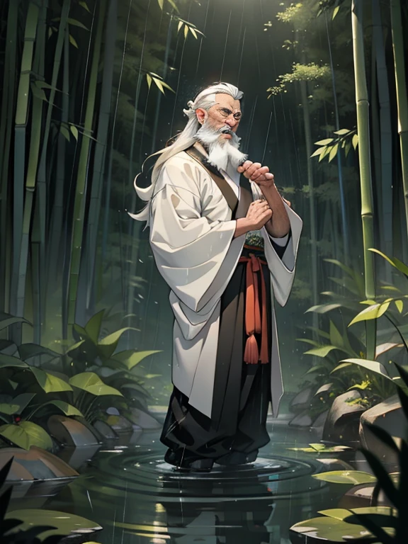 Deep in the bamboo forest, Chinese Ancient Times,raining day, A middle-aged male, 50yearsold, With a beard,long whitr hair,emaciated,dressed white hanfu, Standing in a bamboo forest, A hand touched his beard,Place one hand behind your back,look up to,Quiet, Cinematic lighting, in a panoramic view, Masterpiece, ccurate, Super detail, Award-Awarded, Best quality