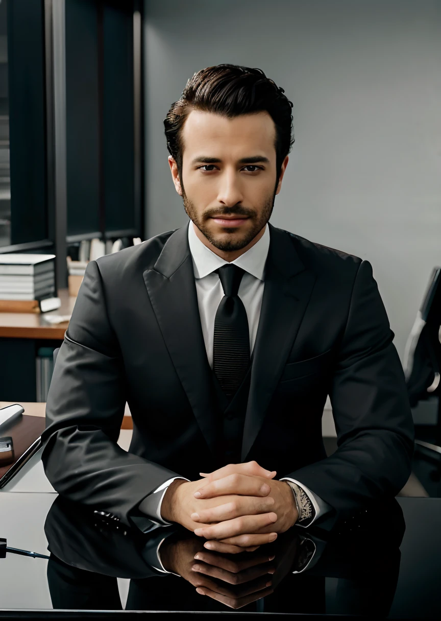 arafed man in black suit and tie sitting at a table, photo of a man, sitting at desk, wearing a doctor suit, corporate photo, handsome man, professional portrait hd, wearing doctors white suit, sitting at a desk, a photo of a man, handsome and attractive, professional profile photo, attractive man, sitting behind desk