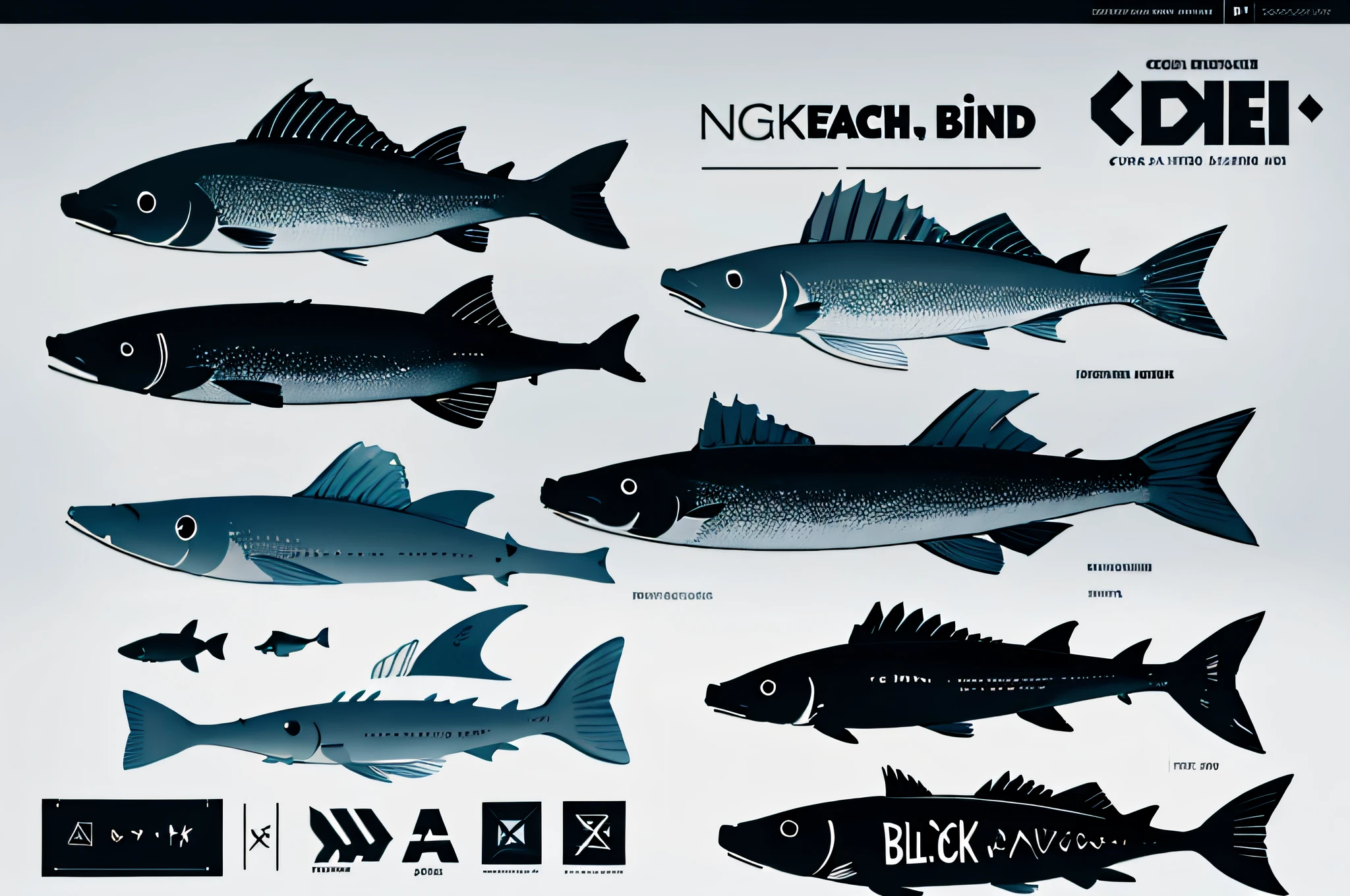 logotype，fin，black in color，Minimalist，2D，Add text "An old black fish"