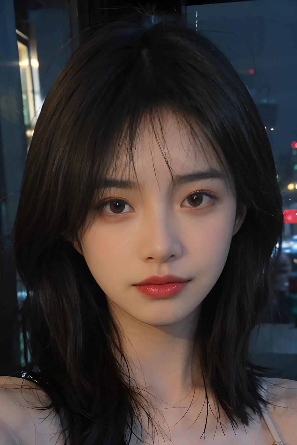 Best quality, masterpiece,..night,.city,..1girl,.(Authentic skin texture:1.3),.close-up,.face focus,.upper body,.selfie,..