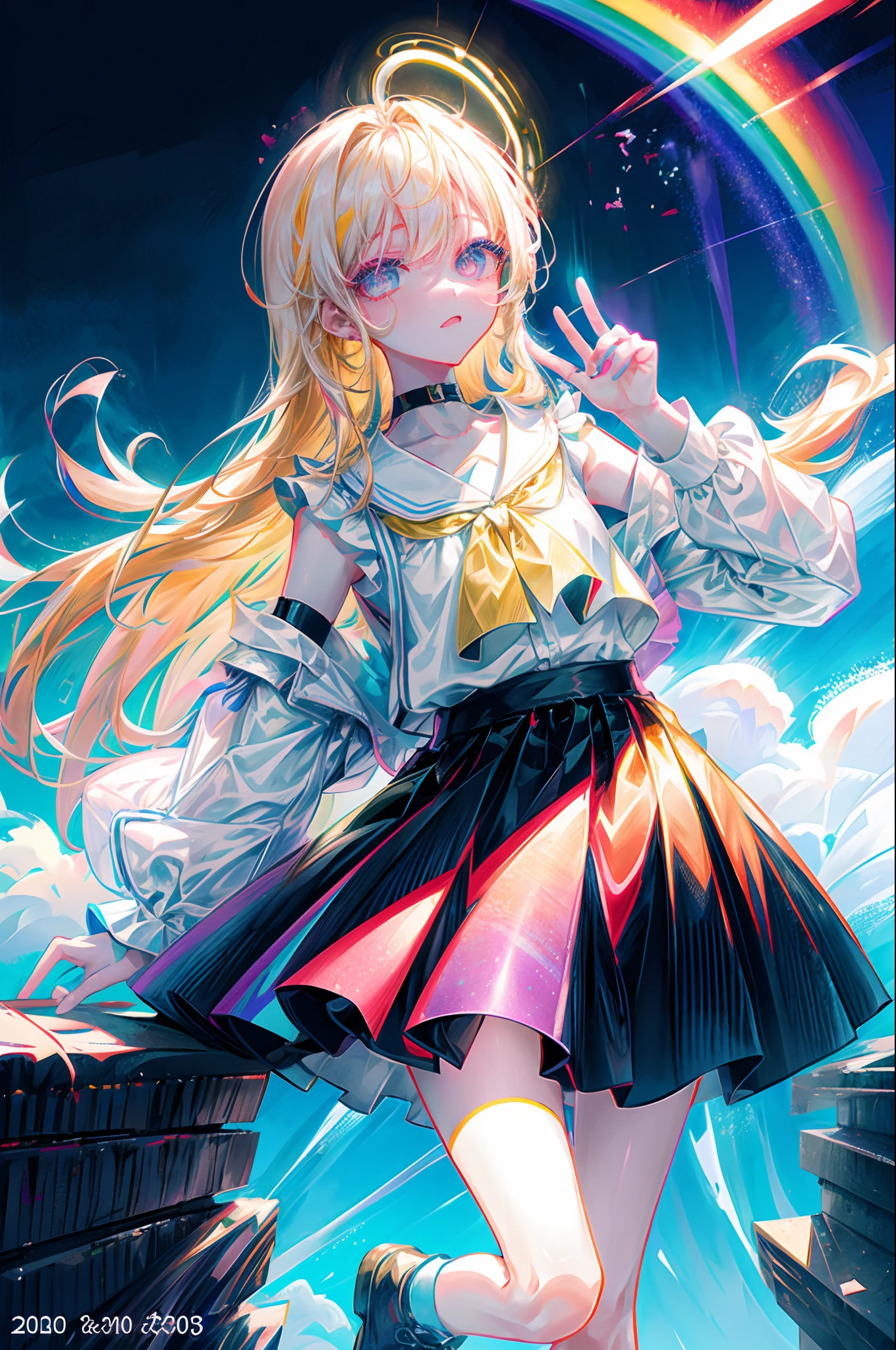 Rainbow on background、Irridescent color、colourfull、top-quality、超A high resolution、(Photorealsitic:1.4)、Female 1 Person、Sleeveless white buttoned shirt、Black skirt、Black Choker、cute little、(Kpop Idle)、(attractiveness:1)、(Platinum Blonde Hair:1)、((Puffy eyes))、Look at the viewer、full body Esbian、Facing the front