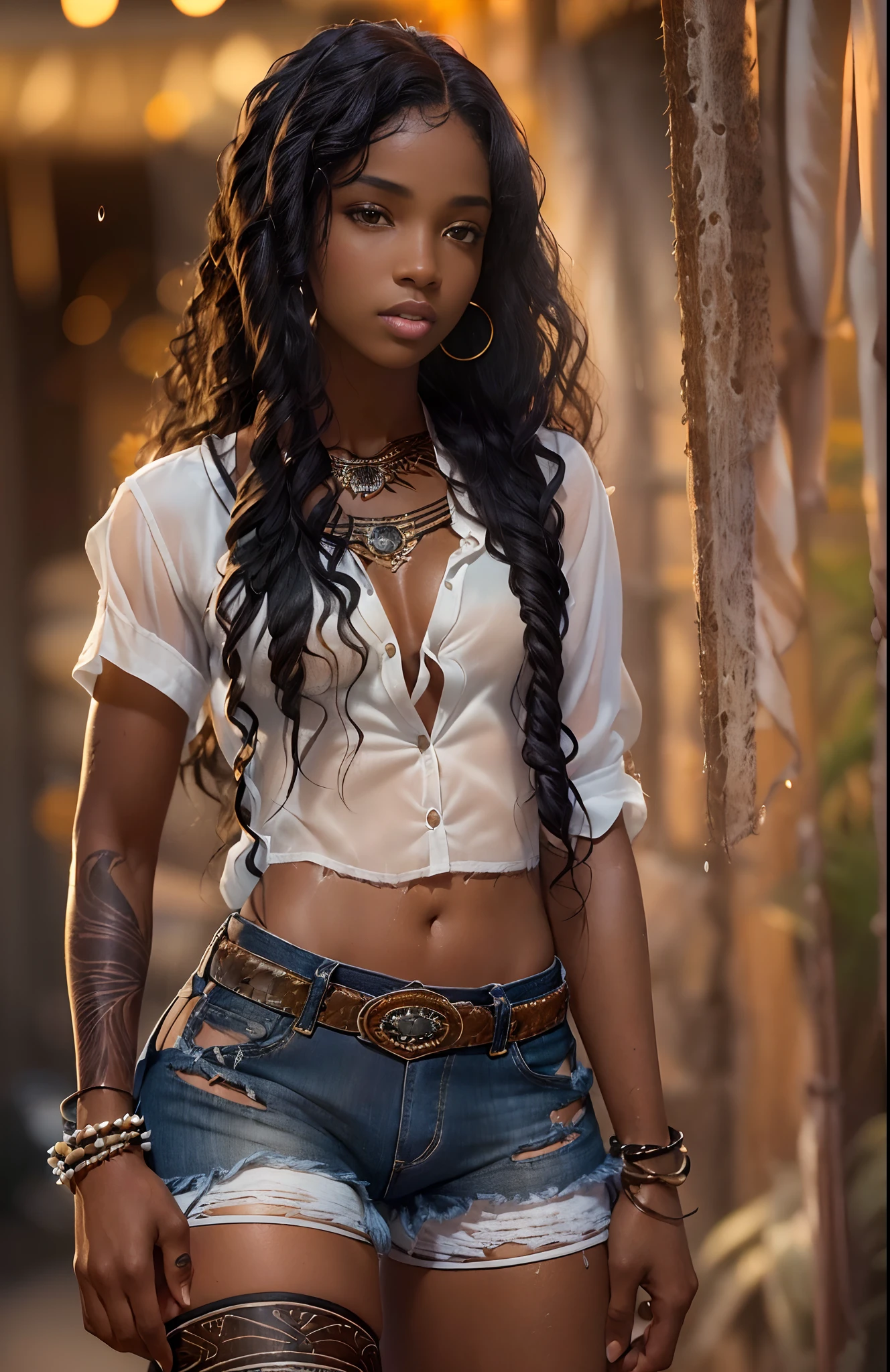 ((21-year-old))) black girl, (((light skin))), (((close-up full body pose))), (((long wavy black hair))), (((ripped silk thigh highs with skimpy shorts))), (((wearing daisy-duke shorts, white shirt, unbuttoned half way, cowboy boots))), african tribal tattoo sleeve, dark fantasy art, Rich, Deep Colours, (intricate details:0.9), (HDR, hyper-detailing:1.2), (natural skin textures, hyper realisitc, wet skin, soft light, Sharp),