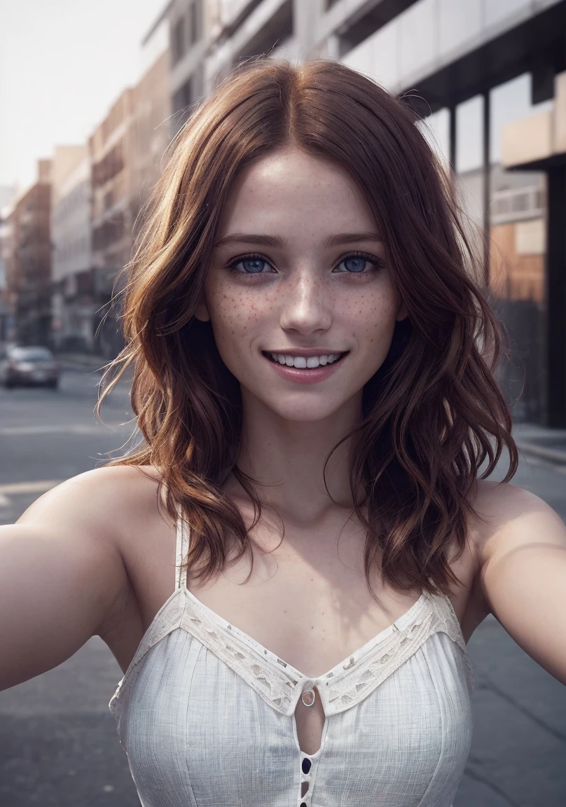 analog style, model shoot style, ((upper body:1.4)) (selfie:1.5) of a ((little girl:1.5, white dress)), (1girl, young girl), (redhead girl, freckles, long hair), ((smile, beautiful face: 1.8, perfect face:1.5)),
(shiny body, smile), ((pretty face: 1.7, perfect face:1.7)), (best quality:1.5, hyperrealistic:1.5, photorealistic:1.4, Madly detailed CG unity 8k wallpaper:1.5, masterpiece:1.3, Madly detailed photo:1.2),
(hyper-realistic lifelike texture:1.4, realistic eyes:1.2), (octane render, unreal engine 5), (ecstasy of light and shadow:1.5, deep shadow:1.5), (sony a7, 50 mm, film grain:1.5, 4K UHD HDR),
(photo by lee jeffries, Greg Rutkowski and Magali Villanueva)