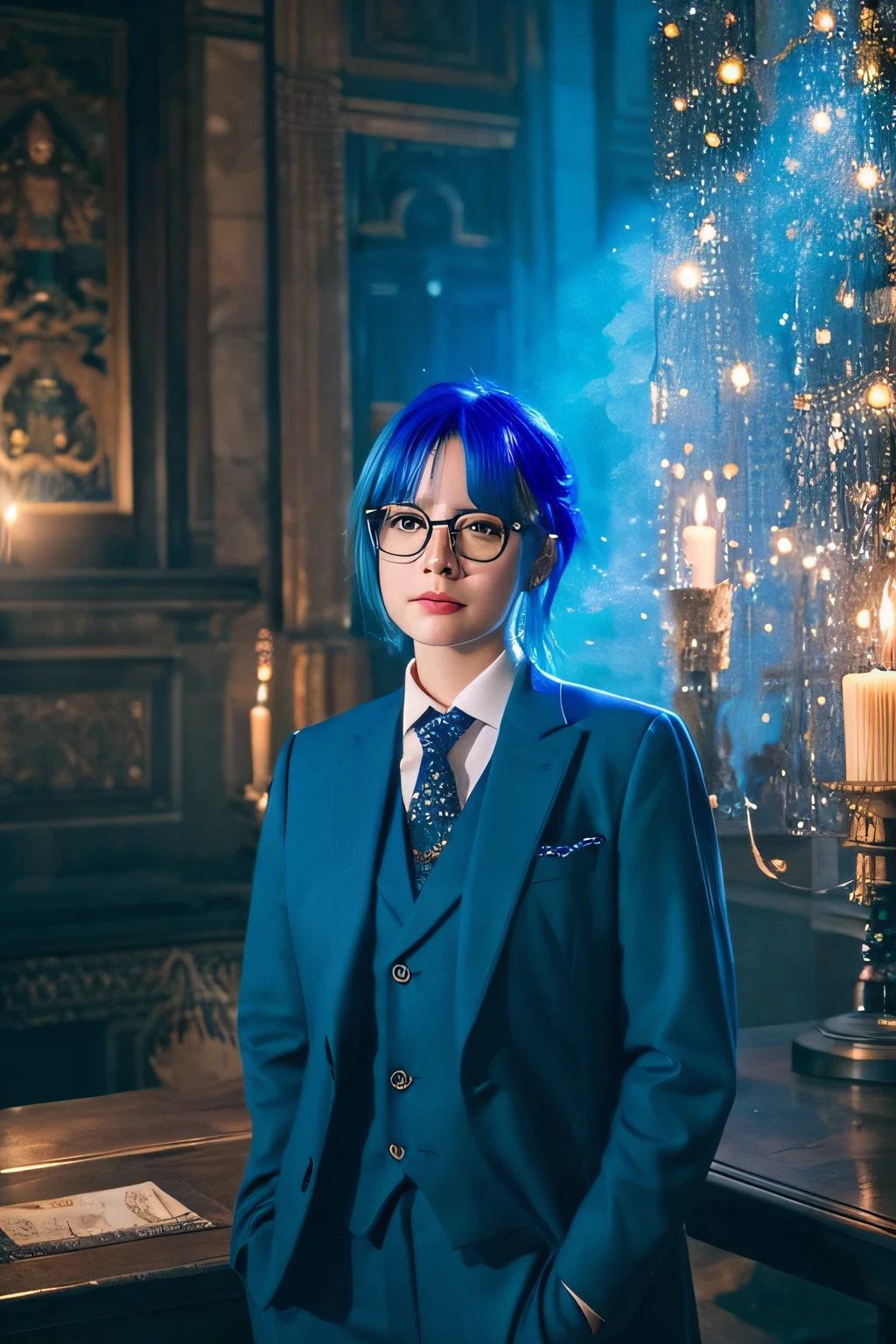 There is a beautiful woman with blue hair,I'm wearing glasses,Intellectual atmosphere,mystic atmosphere,I'm wearing a suit,The entire body is shown