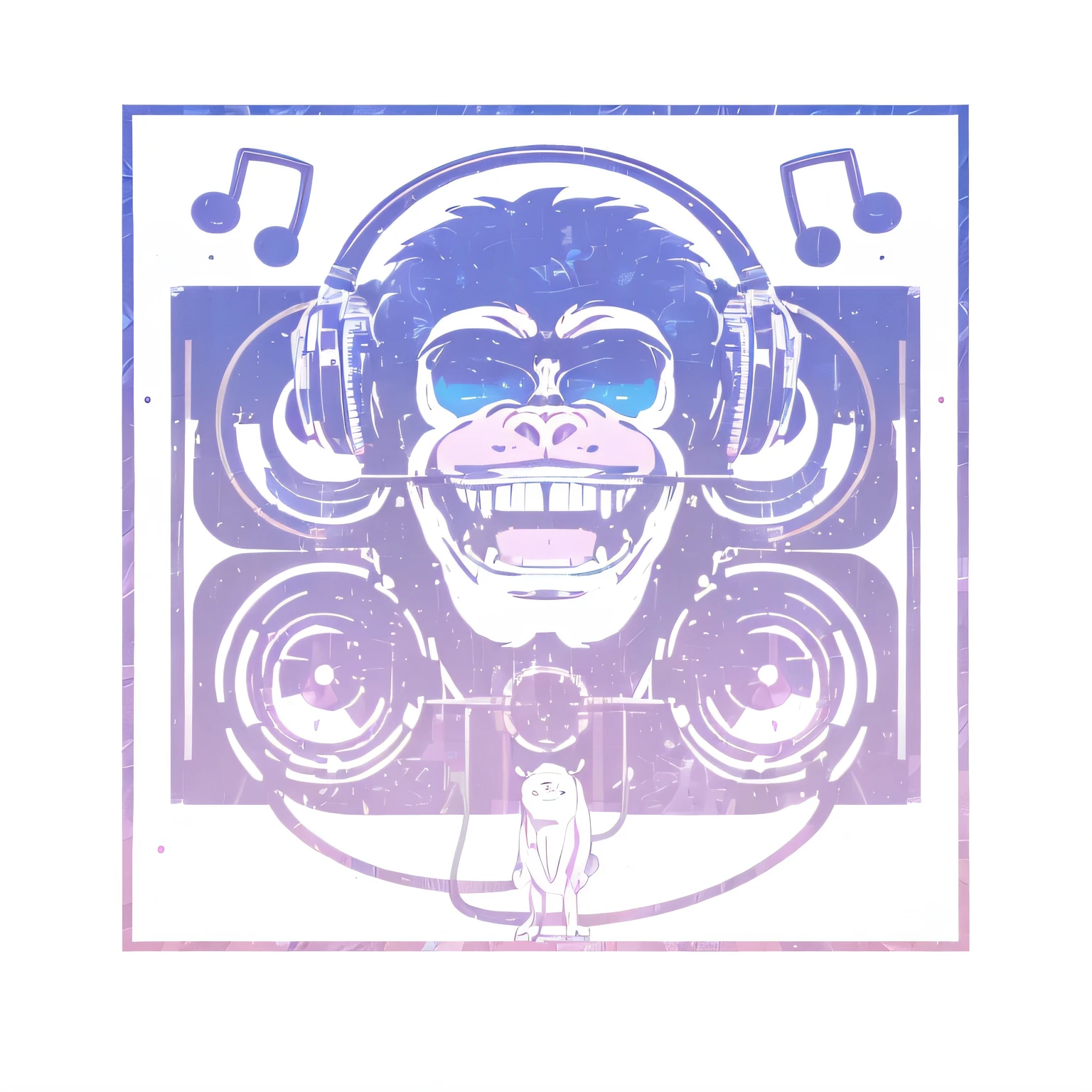 Purple and blue art print of a monkey with headphones and microphone, music poster, Portrait of Lucha Free DJ, vaporwave style, high resolution print :1 cmyk :1, psychedelic laughing demon, hip hop vaporwave, in style of primal apes, good music, Blue woodblock print cartoon, retro psychedelic illustration, High quality artwork, Monkey