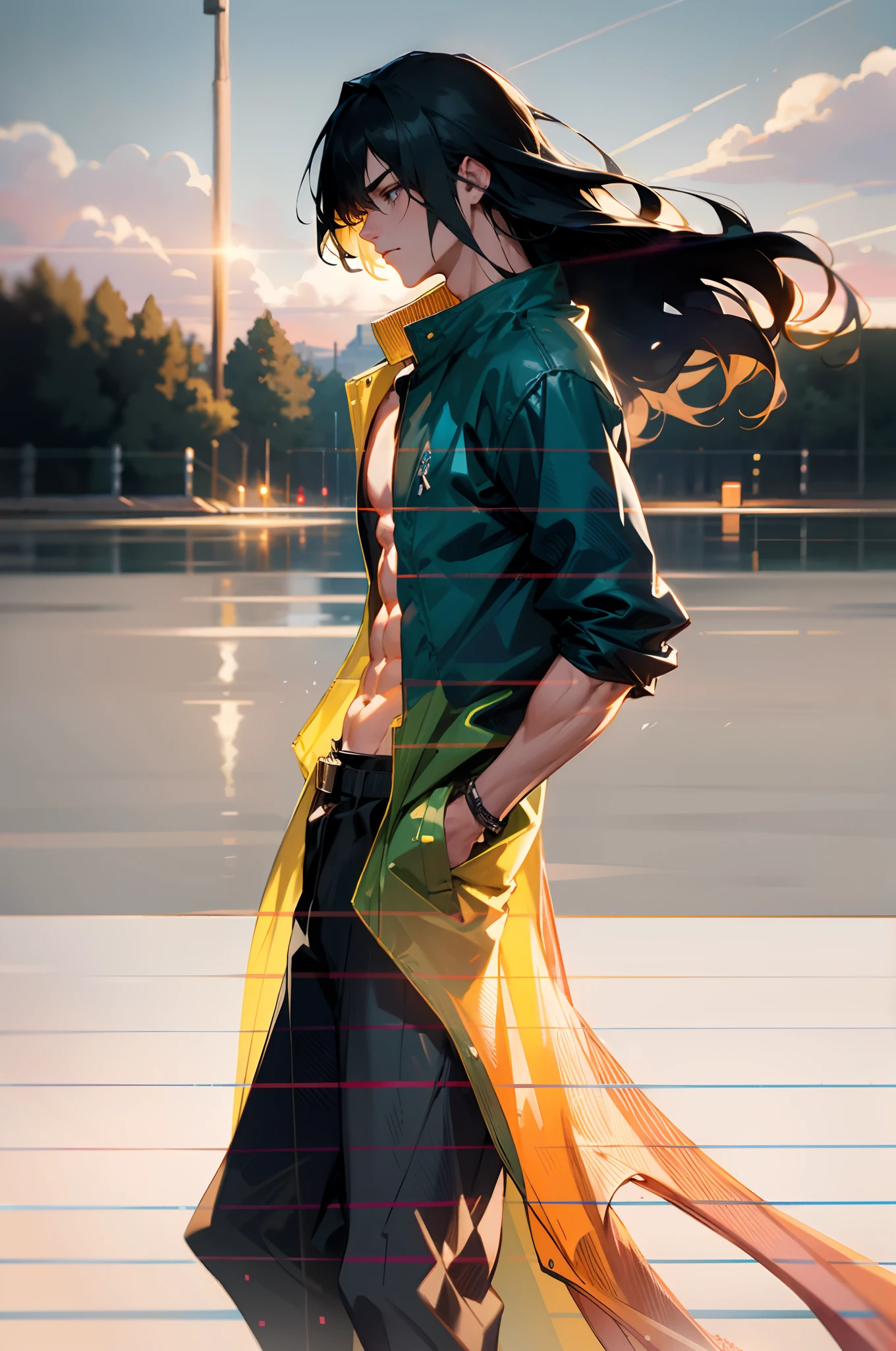A young man, long black hair, his hair bangs hanging down to cover his eyes, a forlorn expression, head bowed, a long windbreaker coat, rolled-up sleeves, the windbreaker open, revealing his sturdy chest and abdominal muscles, loose coarse cloth trousers, the waist of the trousers reaching the navel, hands inserted into the pockets of the coat, he stands in the dimly lit night on a medieval street in a fantasy-style setting, this character embodies a finely crafted fantasy-realistic style ronin in anime style, characterized by an exquisite and mature manga illustration art style, high definition, best quality, highres, ultra-detailed, ultra-fine painting, extremely delicate, professional, anatomically correct, symmetrical face, extremely detailed eyes and face, high quality eyes, creativity, RAW photo, UHD, 8k, Natural light, cinematic lighting, masterpiece-anatomy-perfect, masterpiece:1.5