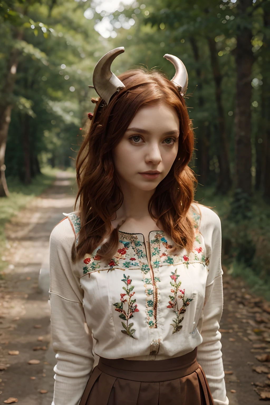 Long loose sleeves, brown skirt, Wide waistband