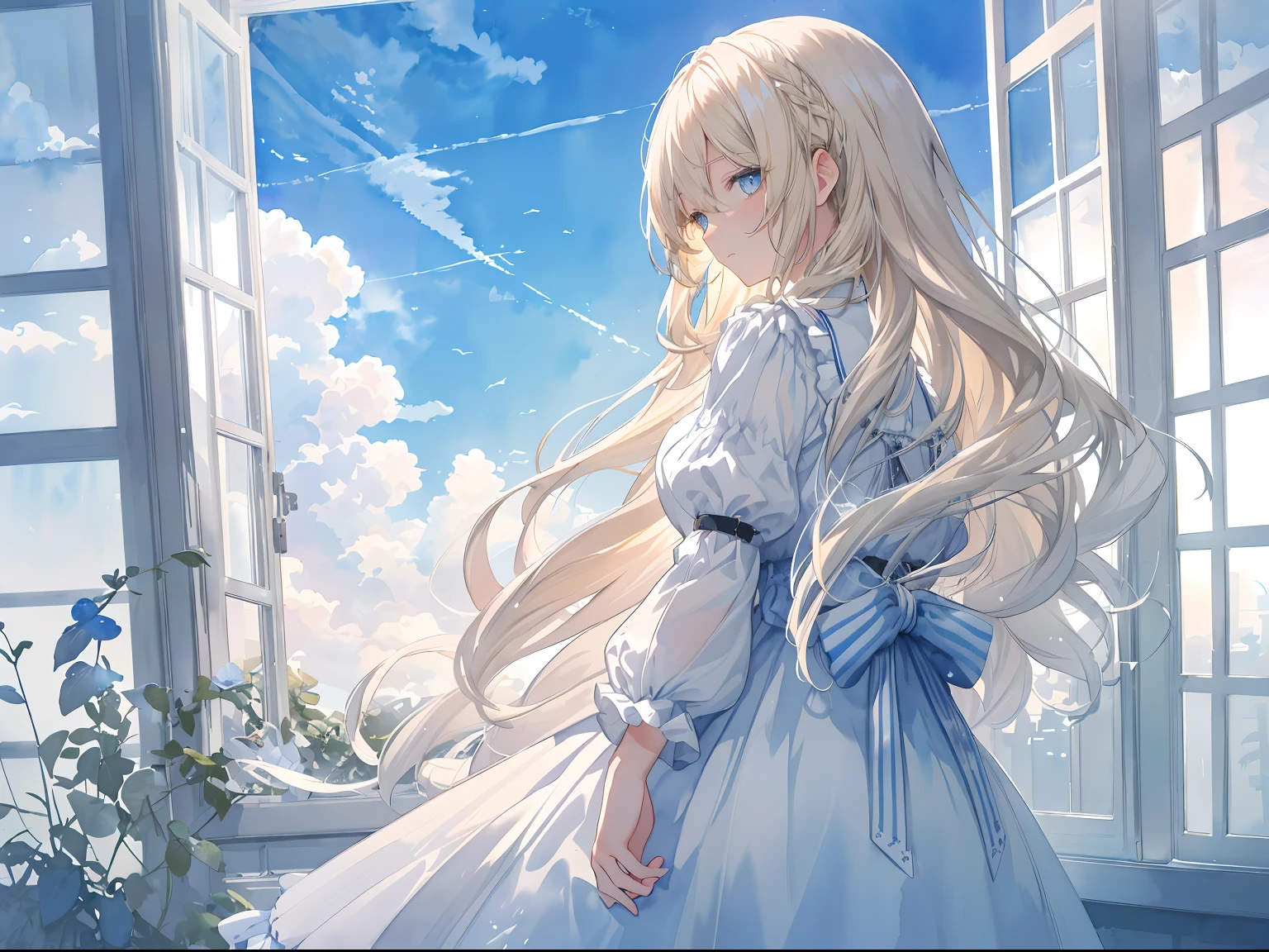 ((ultra - detailed),Heavenly sky background,Beautiful clouds,The light from the back window is backlighted,factor,Watercolor pattern in calm colors),(Watercolor texture), ((1girll),Long grey hair,blonde  hair,e Blue Eyes,adolable,angelicales),lightsmile,****ta prostitute,The highest image quality