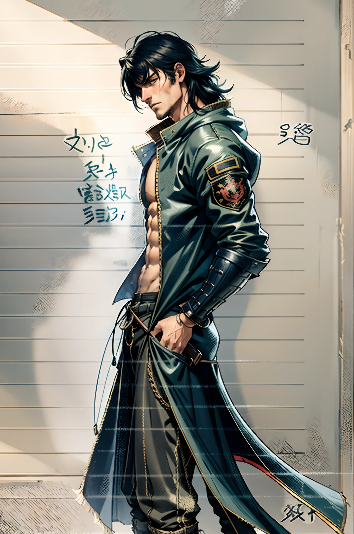 A young man, long black hair, his hair bangs hanging down to cover his eyes, a forlorn expression, head bowed, a long windbreaker coat, rolled-up sleeves, the windbreaker open, revealing his sturdy chest and abdominal muscles, loose coarse cloth trousers, the waist of the trousers reaching the navel, hands inserted into the pockets of the coat, he stands in the dimly lit night on a medieval street in a fantasy-style setting, this character embodies a finely crafted fantasy-realistic style ronin in anime style, characterized by an exquisite and mature manga illustration art style, high definition, best quality, highres, ultra-detailed, ultra-fine painting, extremely delicate, professional, anatomically correct, symmetrical face, extremely detailed eyes and face, high quality eyes, creativity, RAW photo, UHD, 8k, Natural light, cinematic lighting, masterpiece-anatomy-perfect, masterpiece:1.5