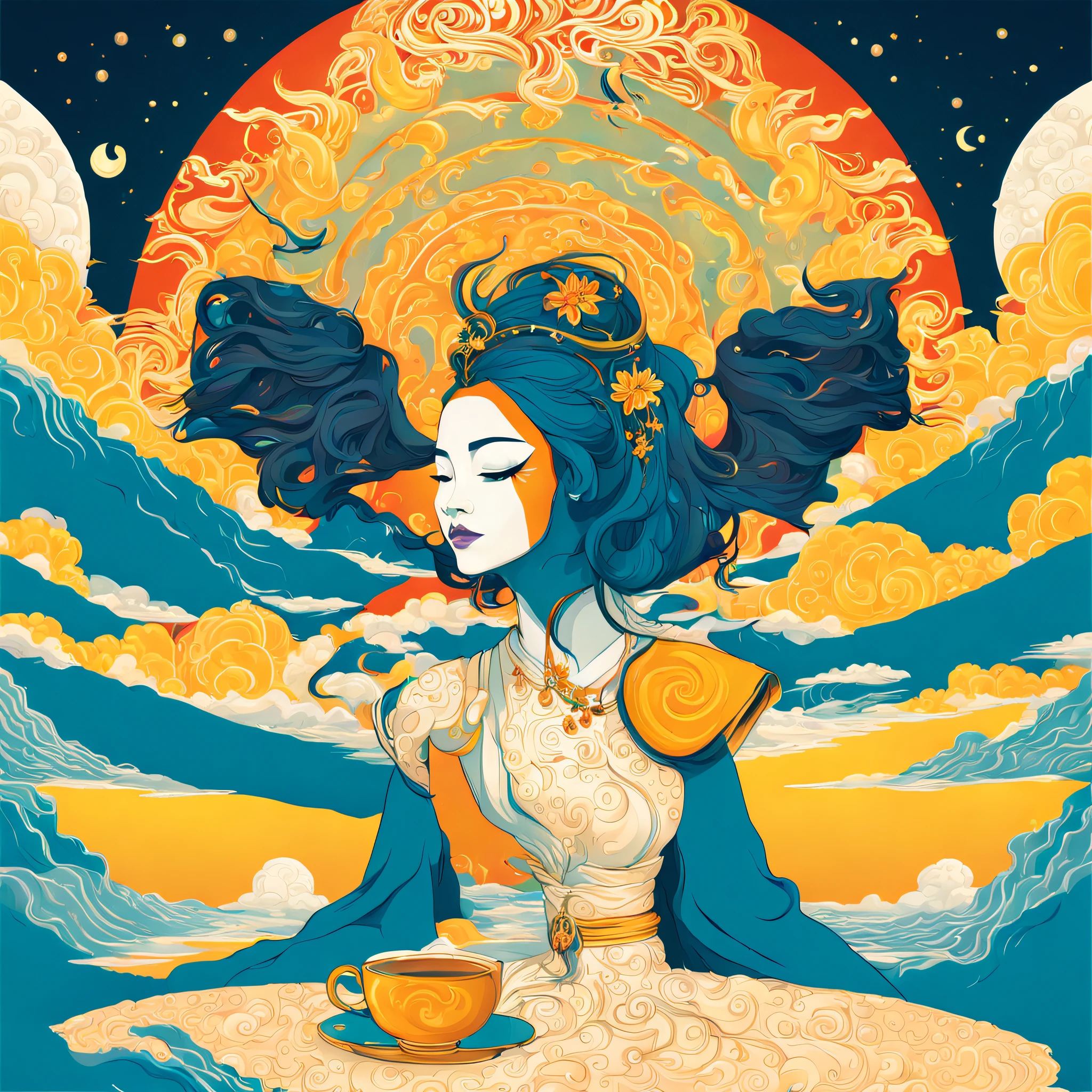 A being, radiating warmth and wisdom, gently sips hot tea from a delicate cup, sitting atop a flying lotus. As the lotus floats gracefully in the ethereal sky, the golden hues of the setting sun create a mesmerizing, psychedelic atmosphere. Dressed in flowing, opulent robes, and adorned with intricate jewelry, the enlightened being invokes a sense of calm and mindfulness, reflecting the Niji styles' harmony and beauty.