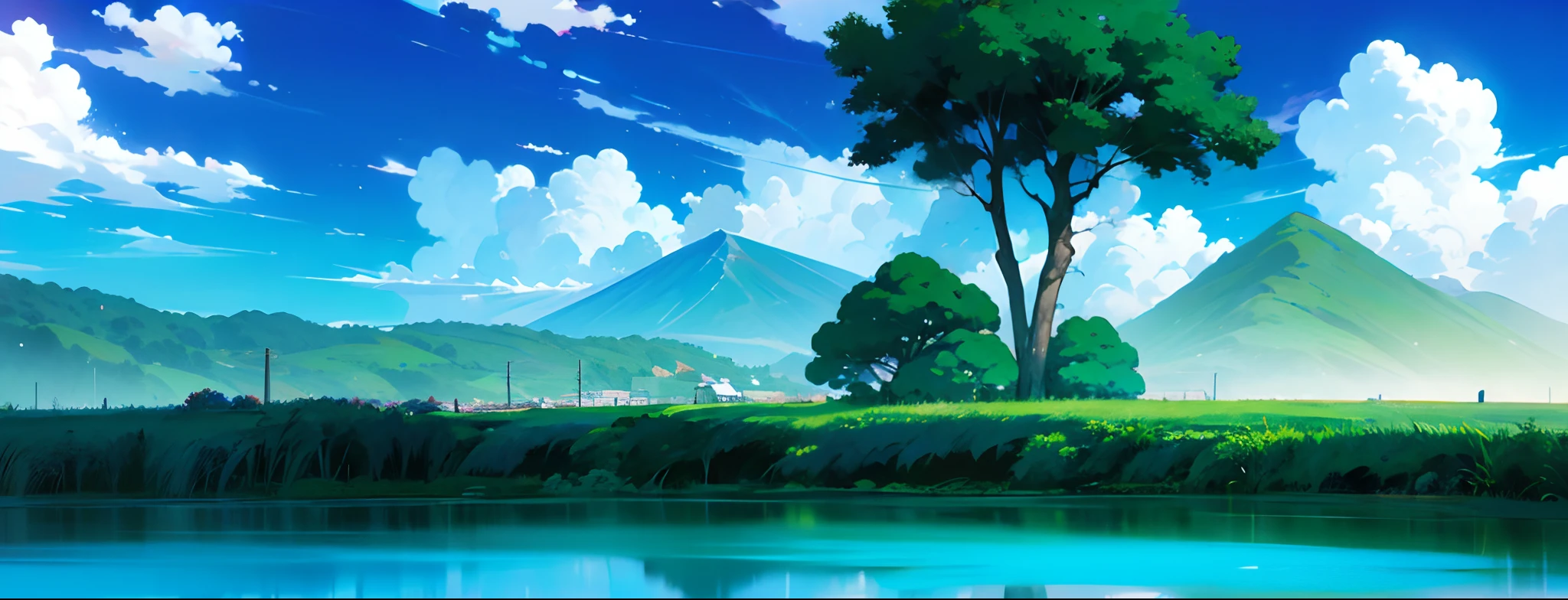 simple coloring, line art, concept art by Miyazaki, anime landscape, anime beautiful peace scene, beautiful anime scenery, anime scenery, anime background art, studio ghibli style, summer scenery, river, mountain, plants, trees, downhill, bule sky, clouds, scenery artwork, anime scene, Ghibli anime, country road,