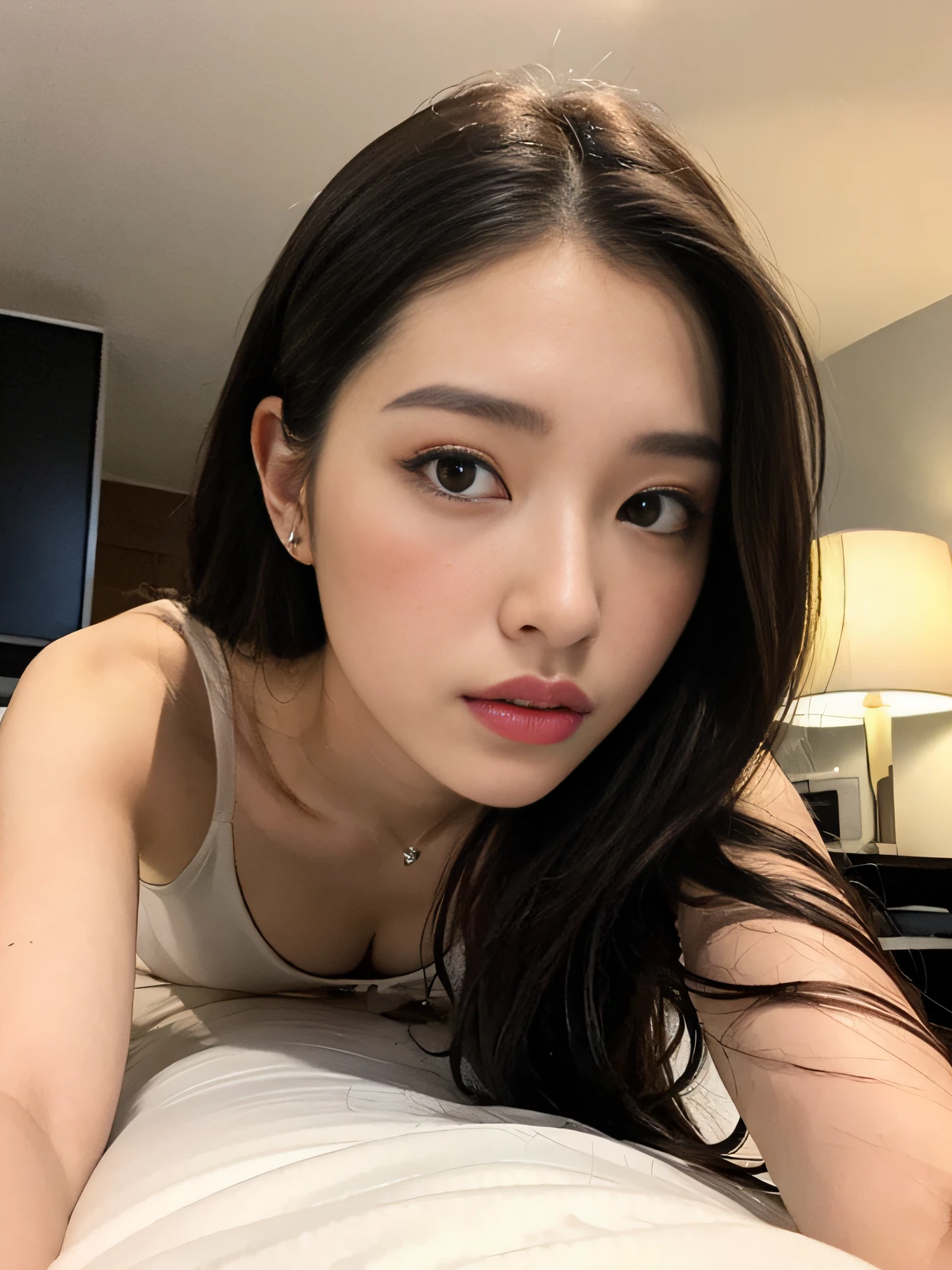 Highly detailed CG Unity 8K wallpapers、top-quality、ultra-detailliert、​masterpiece、realisitic、Photorealsitic、extremely detailed cute girl、25-years old、(a secretary)、red blush、cparted lips、roundly eyes、Medium chest、viewer、Half body shot、Naked and wearing nothing、, Silly,Ecstasy,Lying on your back on a black bed