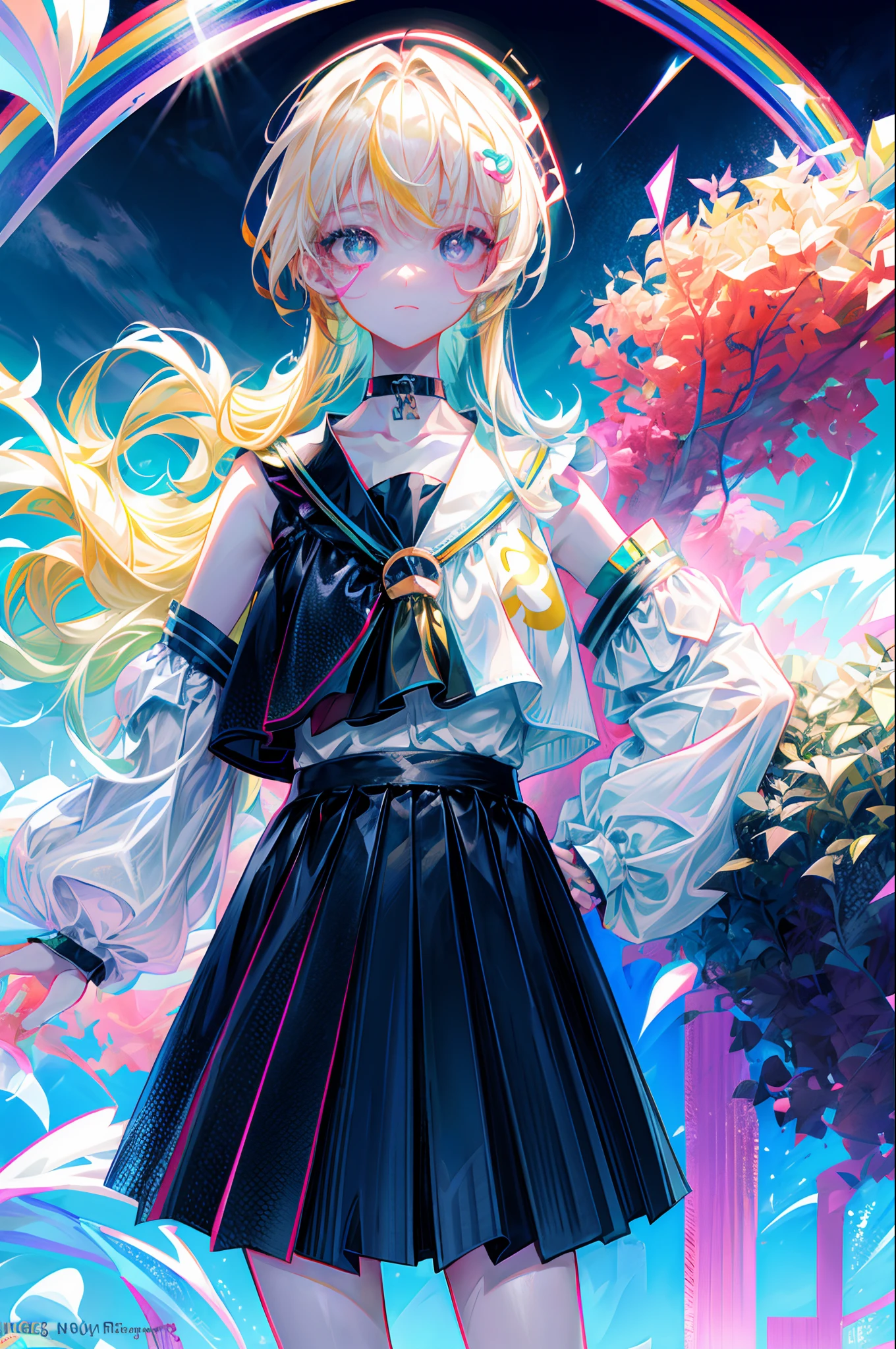 Rainbow on background、Irridescent color、colourfull、top-quality、超A high resolution、(Photorealsitic:1.4)、Female 1 Person、Sleeveless white buttoned shirt、Black skirt、Black Choker、cute little、(Kpop Idle)、(attractiveness:1)、(Platinum Blonde Hair:1)、((Puffy eyes))、Look at the viewer、full body Esbian、Facing the front