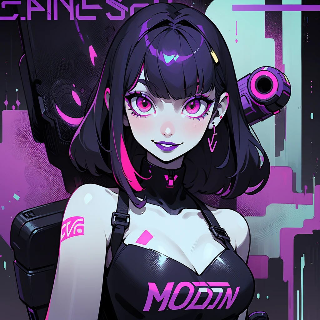 ((solo)). female character around 30 years old. mature body without many special attributes. wearing black clothing, a cyberpunk style outfit. she has a cheeky smile. red eyes. long purple hair with straight bangs. She wears eyeliner and black lipstick on her lips. she looks a model on a magazine cover. a combined neon and greyscale color style
