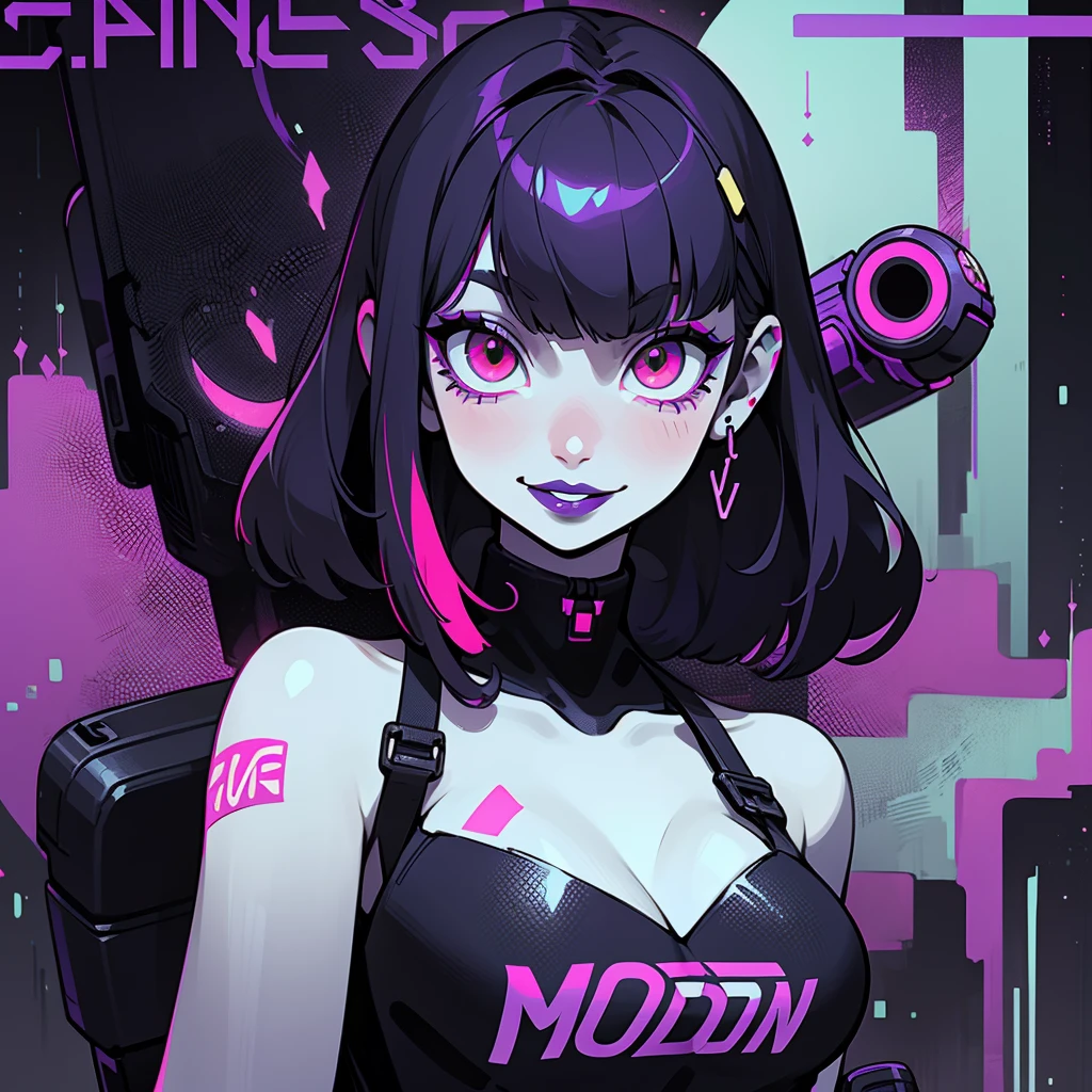 ((solo)). female character around 30 years old. mature body with large breasts and cleavage. wearing black clothing, a ninja style outfit with a mesh shirt. she has a lewd expression. red eyes. long purple hair with straight bangs. She wears eyeliner and black lipstick on her lips. she looks a model on a clothing ad. a combined neon and greyscale color style. the background has abstract spray paint. body faced towards viewer