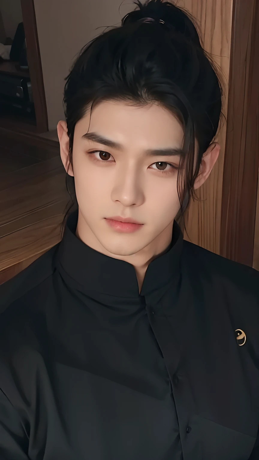 A man with realistic tied black hair, realistic long bangs, exactly the same hairstyle, realistic Korean handsome face, realistic sharp eyes, realistic cool expression,Adaptasikan Pakaian sama persis,cahaya realistic, bayangan realistic,latar belakang realistic