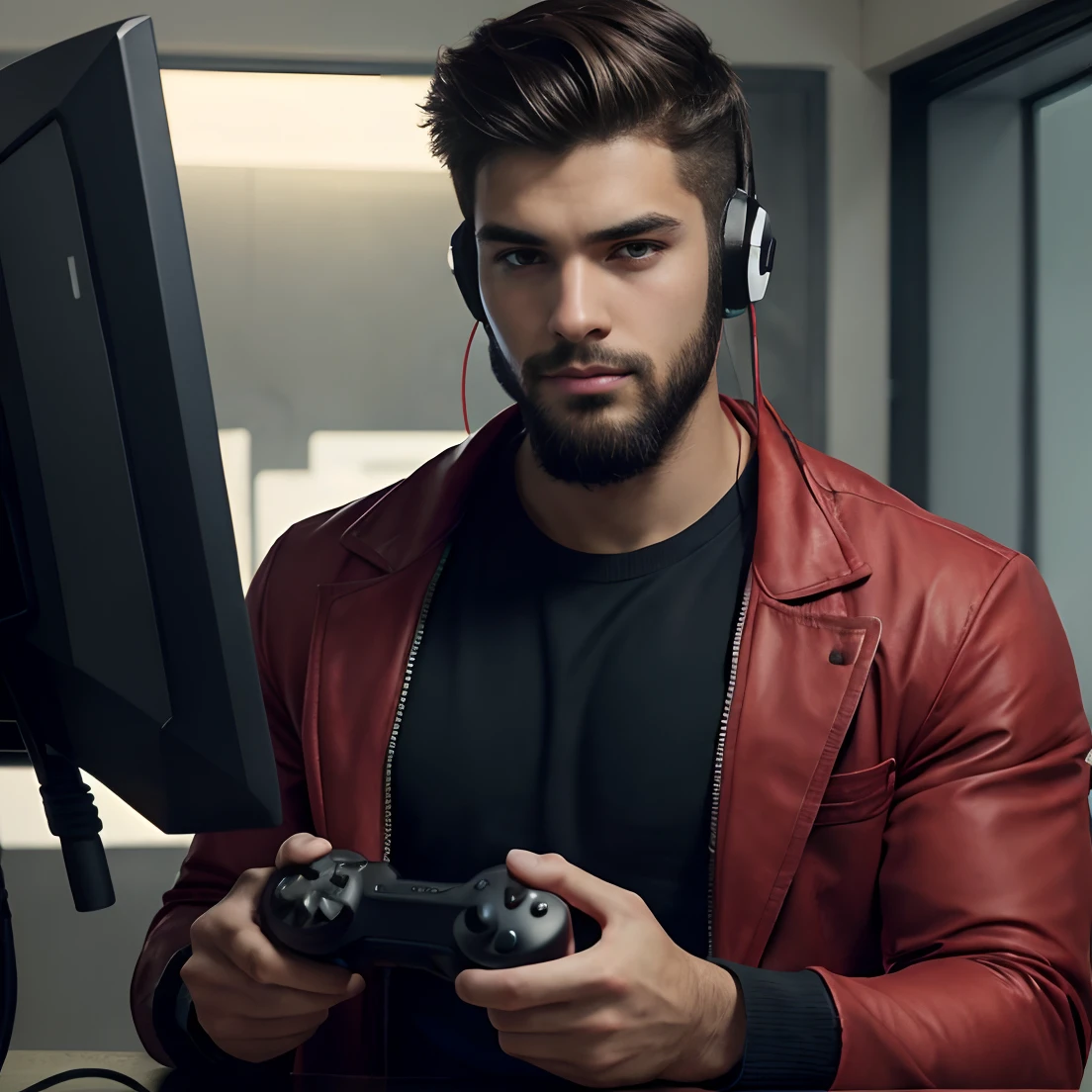 Best video Gamer, upper body, close camera look, handsome boy, holding video gaming controller in the hand , wear headphones over the neck, pose like a hero , smart looks , red jacket, High quality, good haircut, fare skin tone, nice background, boy look into the camera, change age, 21 years old boy