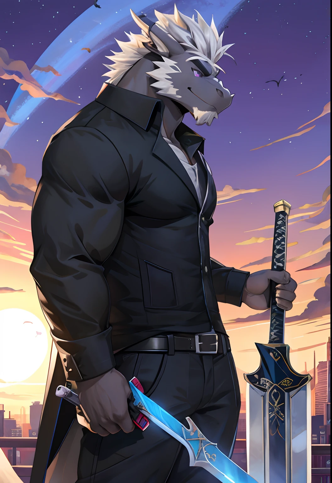 Solo, Male, Black Furry Dragon, No Horns, No Ears, Gray Medium Hair, Gray Facial Hair, Purple Eyes, Muscular, Cool Pose, Good Looking, Handsome, Left Hand Holding Sword, Right Hand Holding Gun