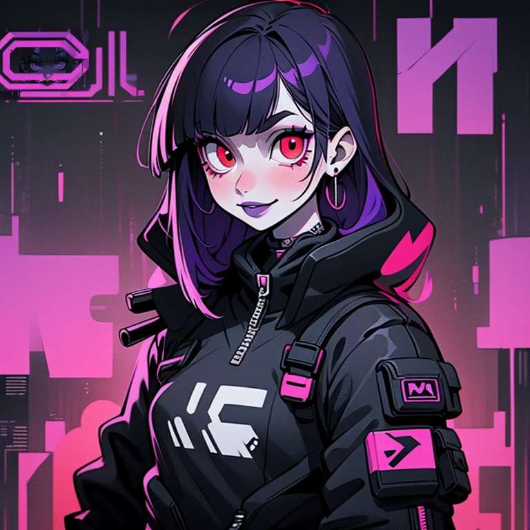 ((solo)). female character around 30 years old. mature body without many special attributes. wearing black clothing, a cyberpunk style outfit. she has a cheeky smile. red eyes. long purple hair with straight bangs. She wears eyeliner and black lipstick on her lips. she looks a model on a magazine cover. a combined neon and greyscale color style