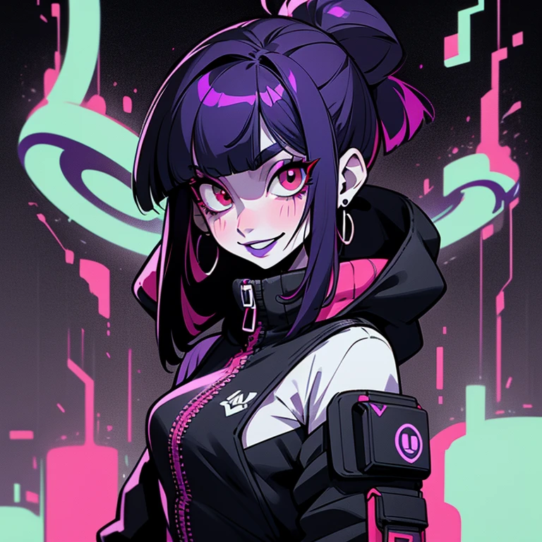 ((solo)). female character around 30 years old. mature body without many special attributes. wearing black clothing, a cyberpunk style outfit. she has a cheeky smile. red eyes. long purple hair with straight bangs. She wears eyeliner and black lipstick on her lips. she looks a model on a magazine cover. a combined neon and greyscale color style