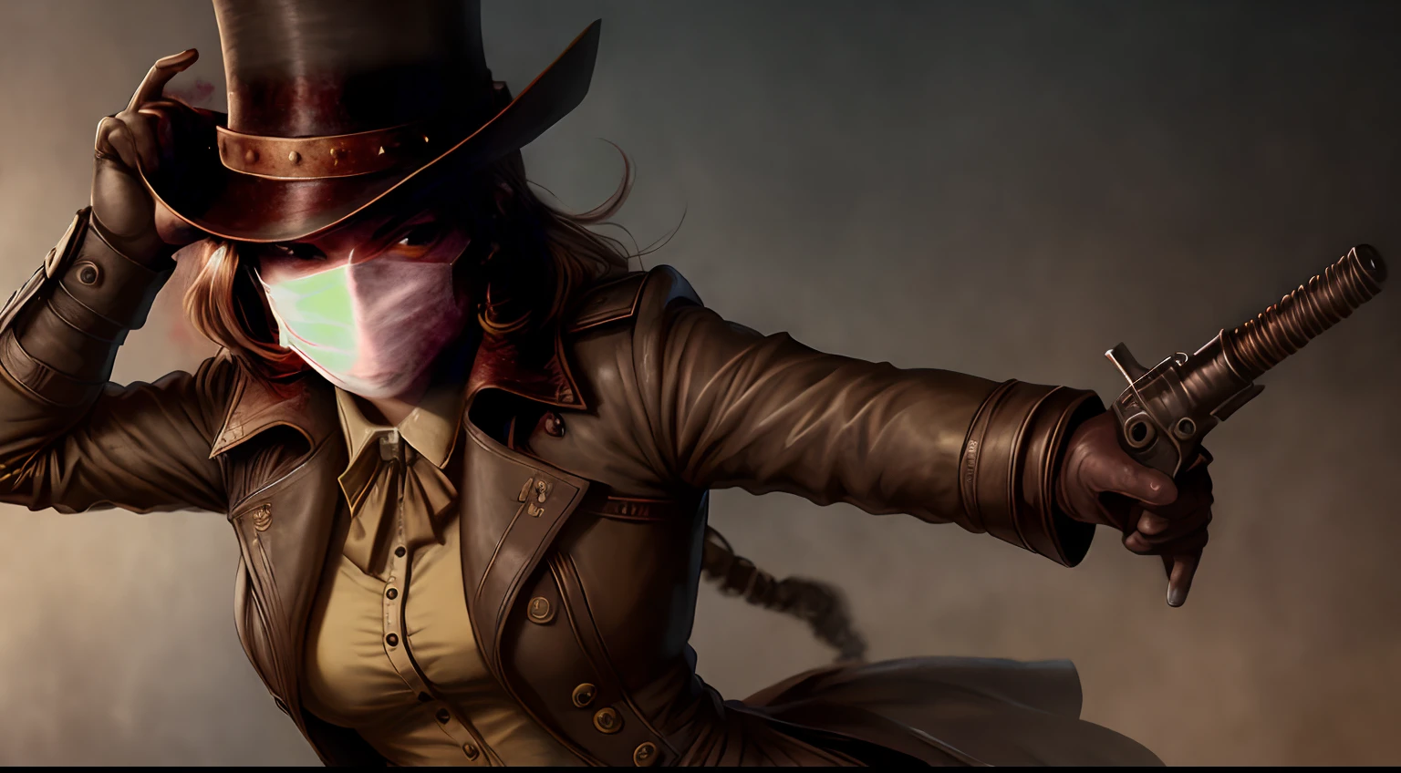 Female warrior in brown trench coat, brown top hat, dual guns, superpower, in wild west, interesting pose, mask