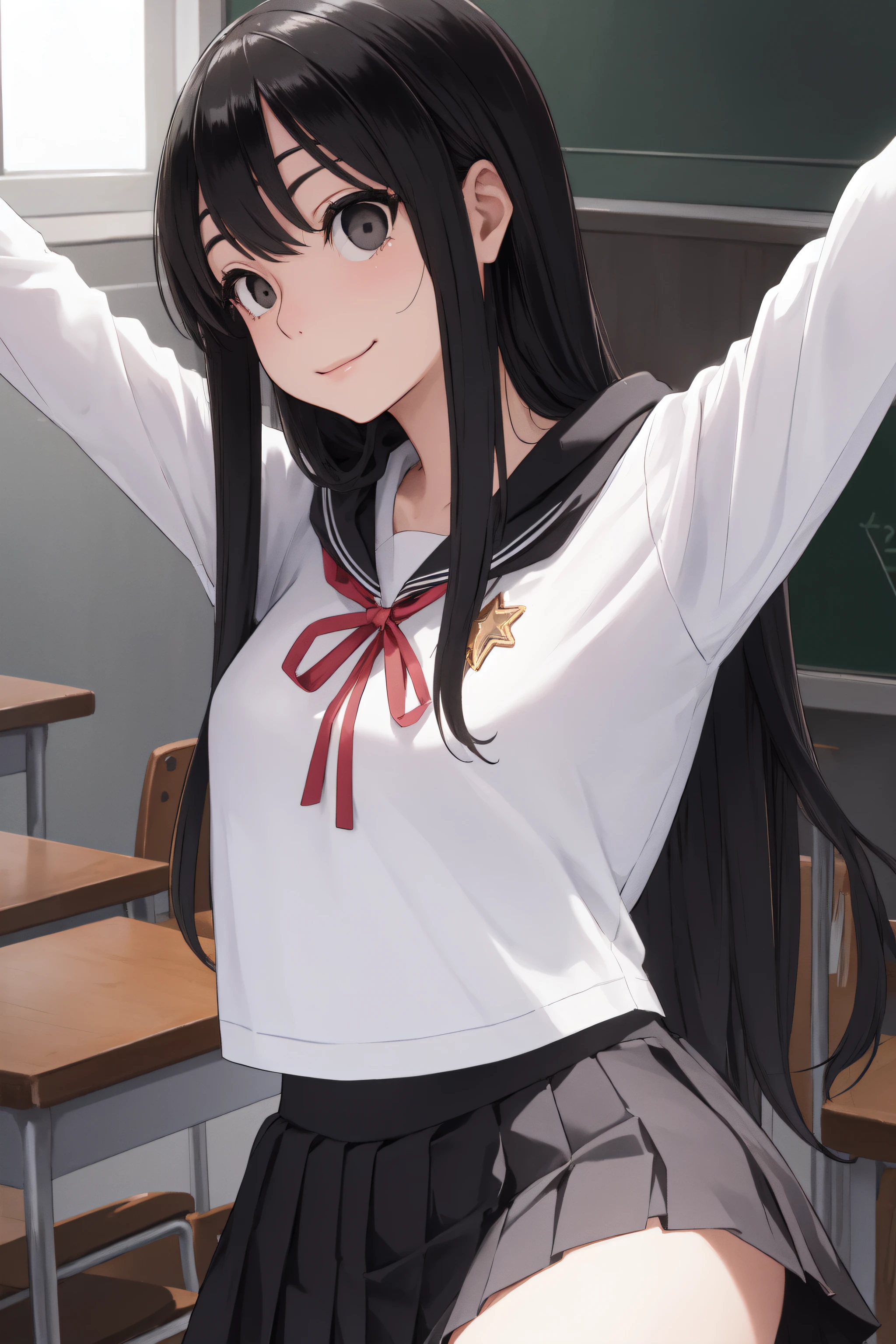 sakiyoshida, saki yoshida, long hair, hair between eyes, (black eyes:1.5), black hair,
BREAK school uniform, hoodie, bow, skirt,
BREAK indoors, classroom,
BREAK looking at viewer, (cowboy shot:1.5),armpits,arm up,seductive smile, 
BREAK (masterpiece:1.2), best quality, high resolution, unity 8k wallpaper, (illustration:0.8), (beautiful detailed eyes:1.6), extremely detailed face, perfect lighting, extremely detailed CG, (perfect hands, perfect anatomy),