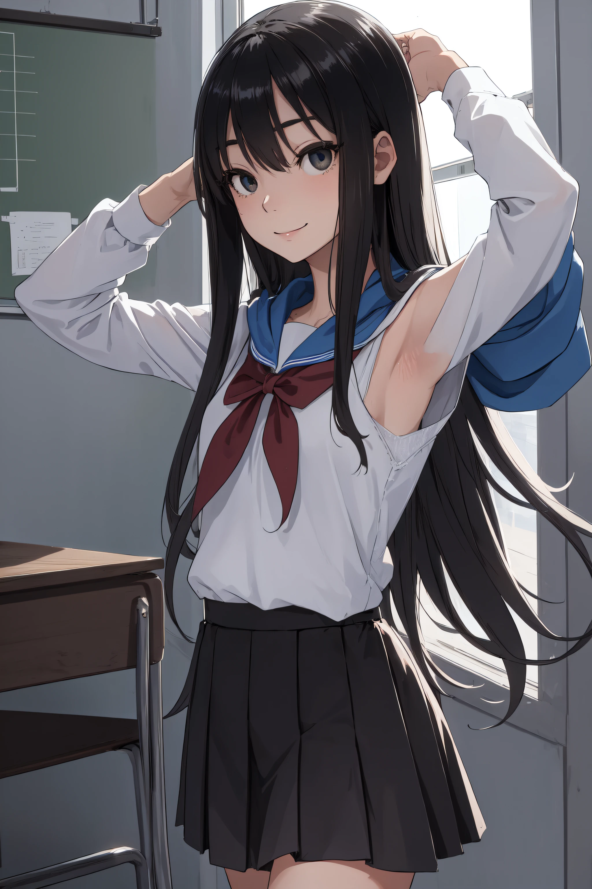 sakiyoshida, saki yoshida, long hair, hair between eyes, (black eyes:1.5), black hair,
BREAK school uniform, hoodie, bow, skirt,
BREAK indoors, classroom,
BREAK looking at viewer, (cowboy shot:1.5),armpits,arm up,seductive smile, 
BREAK (masterpiece:1.2), best quality, high resolution, unity 8k wallpaper, (illustration:0.8), (beautiful detailed eyes:1.6), extremely detailed face, perfect lighting, extremely detailed CG, (perfect hands, perfect anatomy),