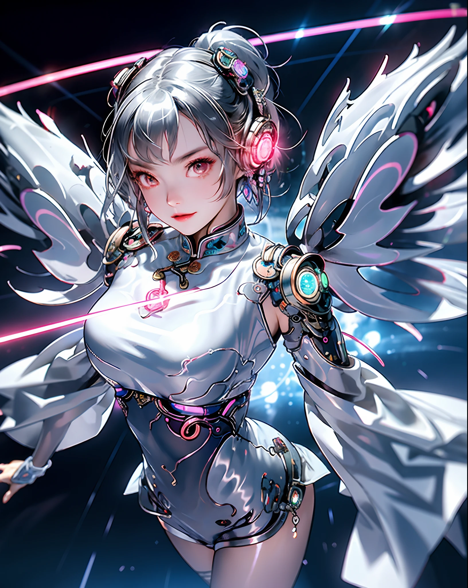 1 girl, Chinese_Clothes, liquid silver and pink, cyberhan, Cheongsam, wings, Cyberpunk City, Dynamic Pose, glowing headphone, glowing hair accessories, Long hair, glowing earrings, glowing necklace, Cyberpunk, High-tech City, Full of mechanical and futuristic elements, Futuristic, Technology, glowing neon, Pink, Pink light, transparent tulle, transparent streamers, laser, digital background urban sky, Big Moon, with vehicle, Best Quality, masutepiece, 8K, character edge light, Super High Detail, High quality, the most beautiful woman in human beings, smiling slightly, face facing front and left and right symmetry, ear decoration, beautiful pupil light effects, Visual data, silver white hair, glowing watch