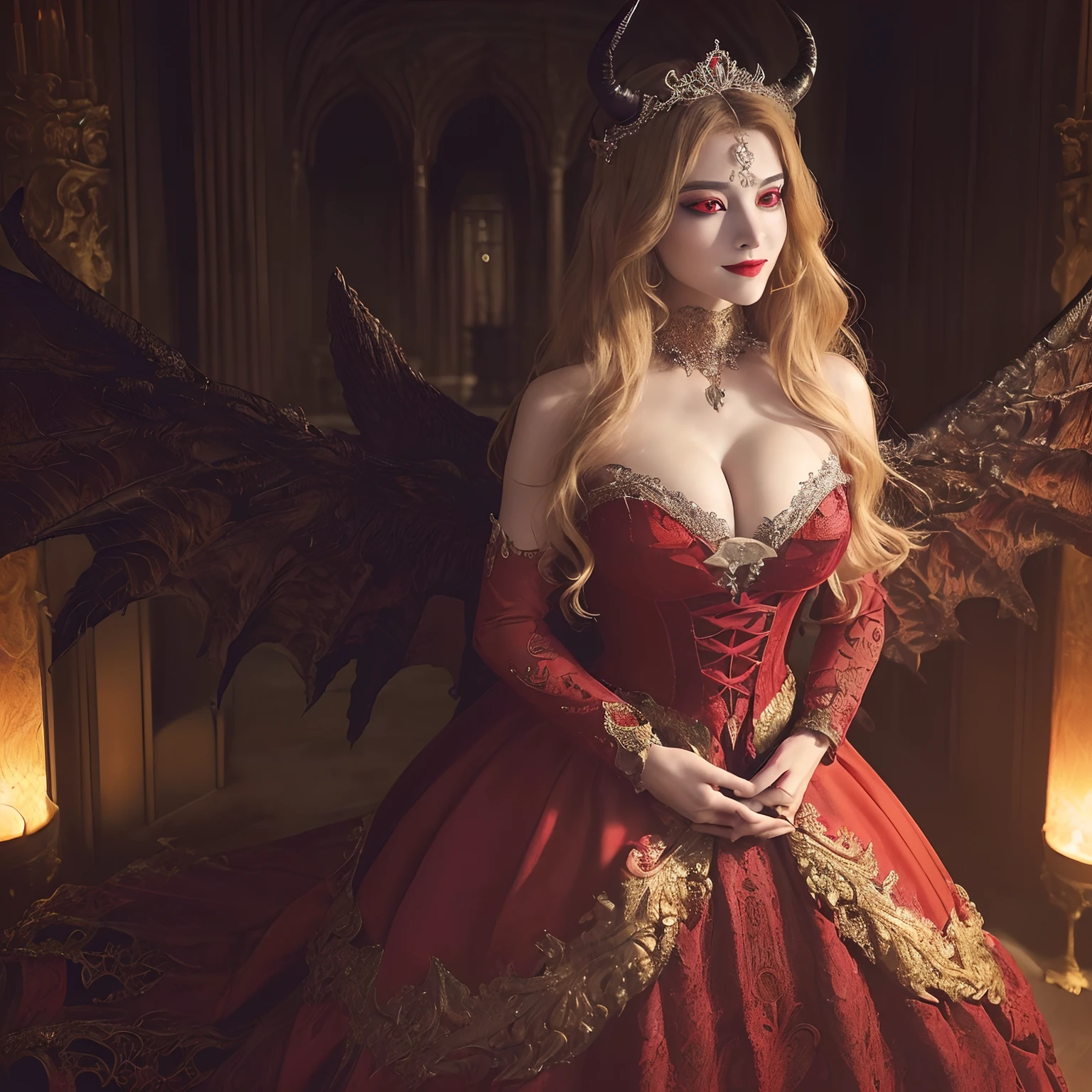 (Her glowing red eyes:1.5),(Fiery red glowing eyes:1.2),(Bright red eyes:1.2),(Her eyes glow red:1.5),((masutepiece、top-quality、Award-Winning Works、Highly detailed and elaborate textures、The most complex and detailed textures、The most complex and detailed textures of wings and horns、Super High Detail))、(Her glowing red eyes:1.5),(Fiery red glowing eyes:1.2),(Bright red eyes:1.2),(Her eyes glow red:1.5),((eyes glowing red,Glowing red eyes,Glowing red eyes)),((A very beautiful demon queen,Wings with the most realistic and intricate textures,The most detailed and intricate wing textures,Luxurious long dresses,The background is a complex and detailed castle exterior,Giant Devil Tiara,Big Princess Dresses,Final form as a complete demon,The Devil's Masterpiece,Frightening giant wings,Huge and intricate demon wings,Big Devil's Horn,Realistic and big horns,Creepy horns,Wings with a very elaborate texture,Wings with a very complex texture,Creature wings with a very realistic texture,Wings of a terrifying monster,The most intricate and luxurious gothic dresses,Bright red lipstick, Red Eyes,The most gorgeous princesses dress up with achievements,The most beautiful princesses in the world,Spooky and beautiful demons,The cutest face,Intricate and solemn black dress,Evil and beautiful demon,The most majestic appearance of the Demon Queen,Huge Queen Tiara,The most complex depictions of demons,Accurate reproduction of perfect demonic details,The appearance of an unimaginably gorgeous demon,The unimaginably huge and beautiful appearance of the demon,Complex medieval European castle in the background,The most intricate and detailed castle appearance,The perfect castle,With the sunset and the castle in the background,Castle dyed in the sunset,Fantastic sunset,Romantic sunset,spectacular movie lighting,Sparkling sunset)),((Most beautiful face,Half Japan and half Spanish,The happiest smile,Beautiful wavy hair,The most luxurious and intricate dresses,The biggest smile staring at the camera,Chest that seems to burst,A dress that tightens the waist,Slimed,Colossal tits,Emphasize body lines,Giant wings of the devil,masutepiece,8K,very intricate,ultra-detailliert))
