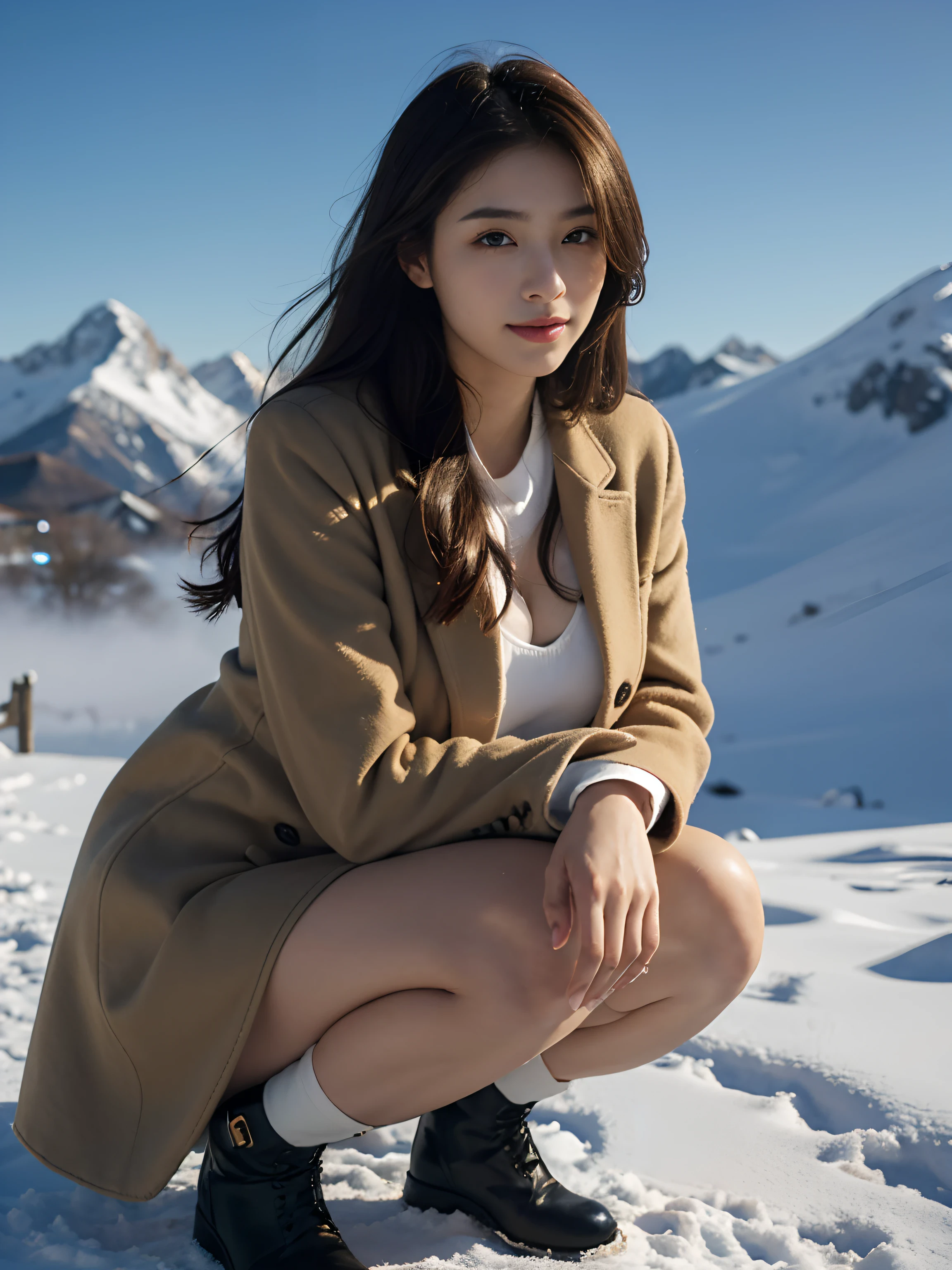 best qualtiy,tmasterpiece,超高分辨率,(真实感:1.4),RAW photogr,1girll,long whitr hair,Face Highlighting,Pure,Girly,Flushing,18yr old,18-year-old smiling female classmate,Pure,Innocent,(best qualtiy,8K,tmasterpiece:1.3),Goose egg face,largeeyes,long eyelasher,Exquisite(live-action realistic style),Star-like eyes,Ultimate face,Photorealistic light and shadow,Clear facial features,Milky white skin,Fair skin, highdetailskin, Realistic skin details, Visible Pore,(Super detail),(perfect bodies:1.1),long whitr hair,(dynamicposes),((Dynamic background((volumettic light:1.3)),huge tit,deep v big breasts,Khaki tweed coat,Black leather boots,alps,snow mountains,liberta,Dashing,long leges,Shunguang
