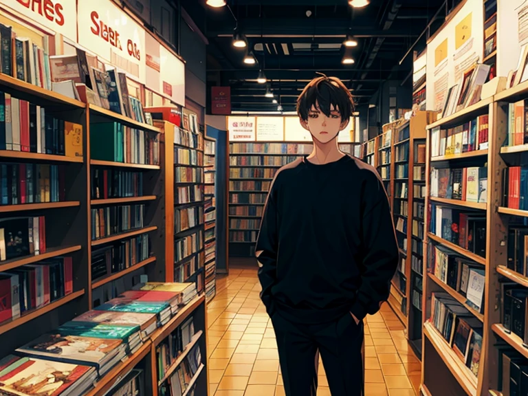 HD clear,Optimal image,Illustration quality,Super detailed,A young man wearing a black casual sweatshirt,Stand in a bookstore,darkness's background